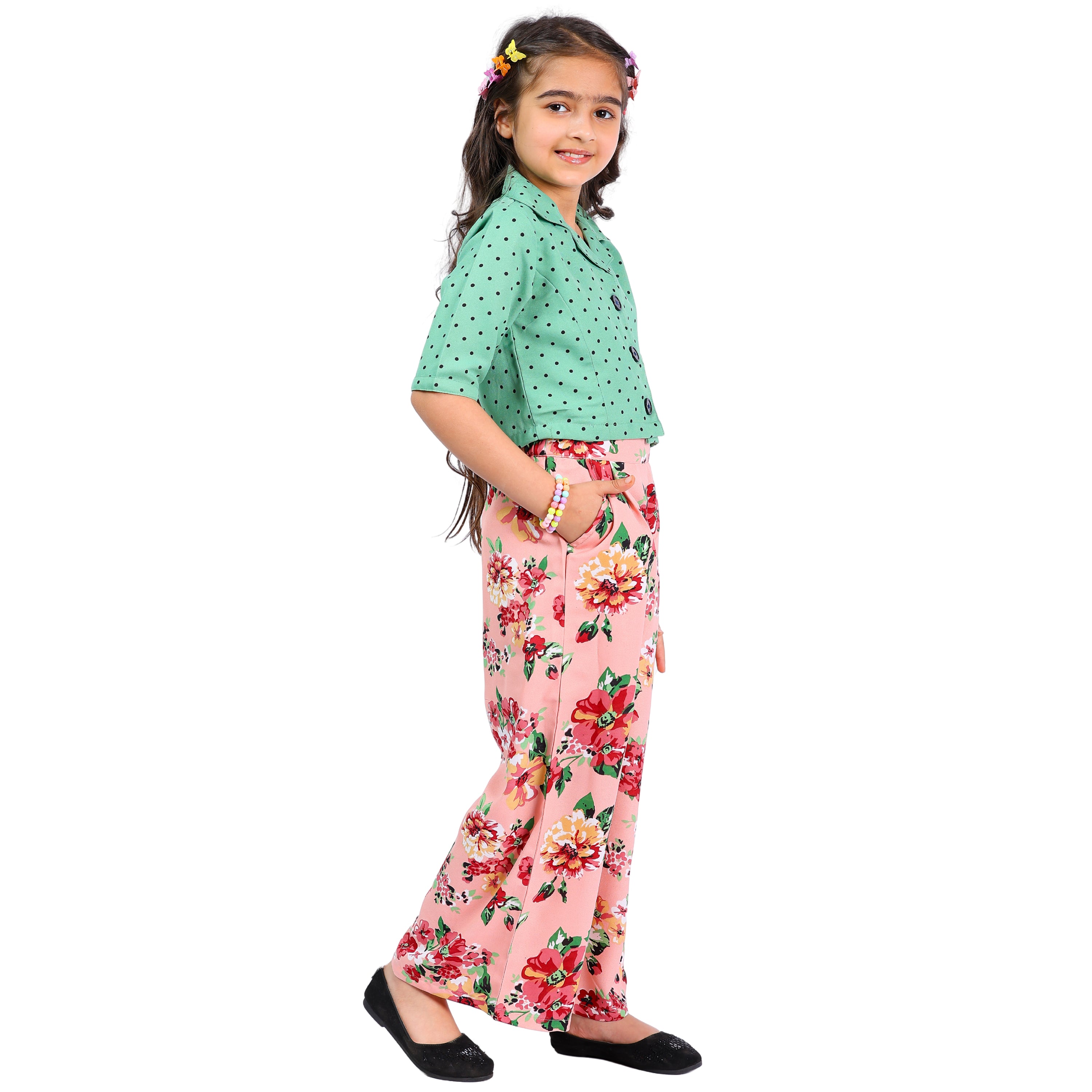 Girls Polka Dot Top & Floral Palazzo Set – Green (4–10 Yrs)