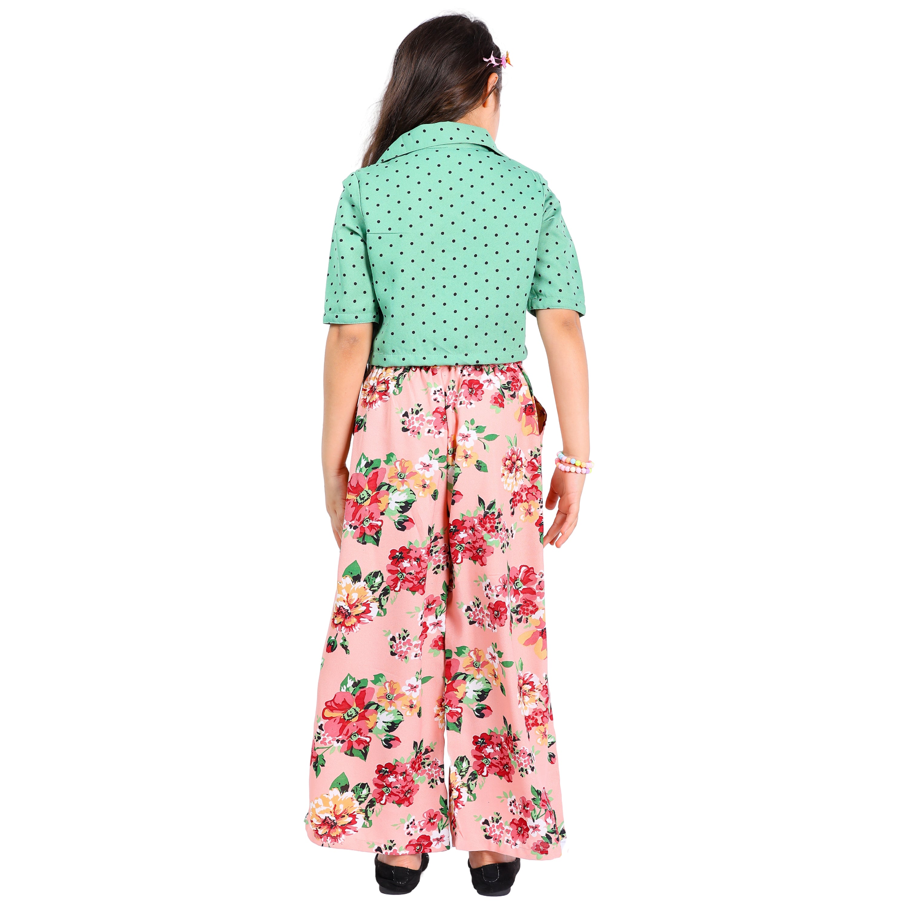 Girls Polka Dot Top & Floral Palazzo Set – Green (4–10 Yrs)