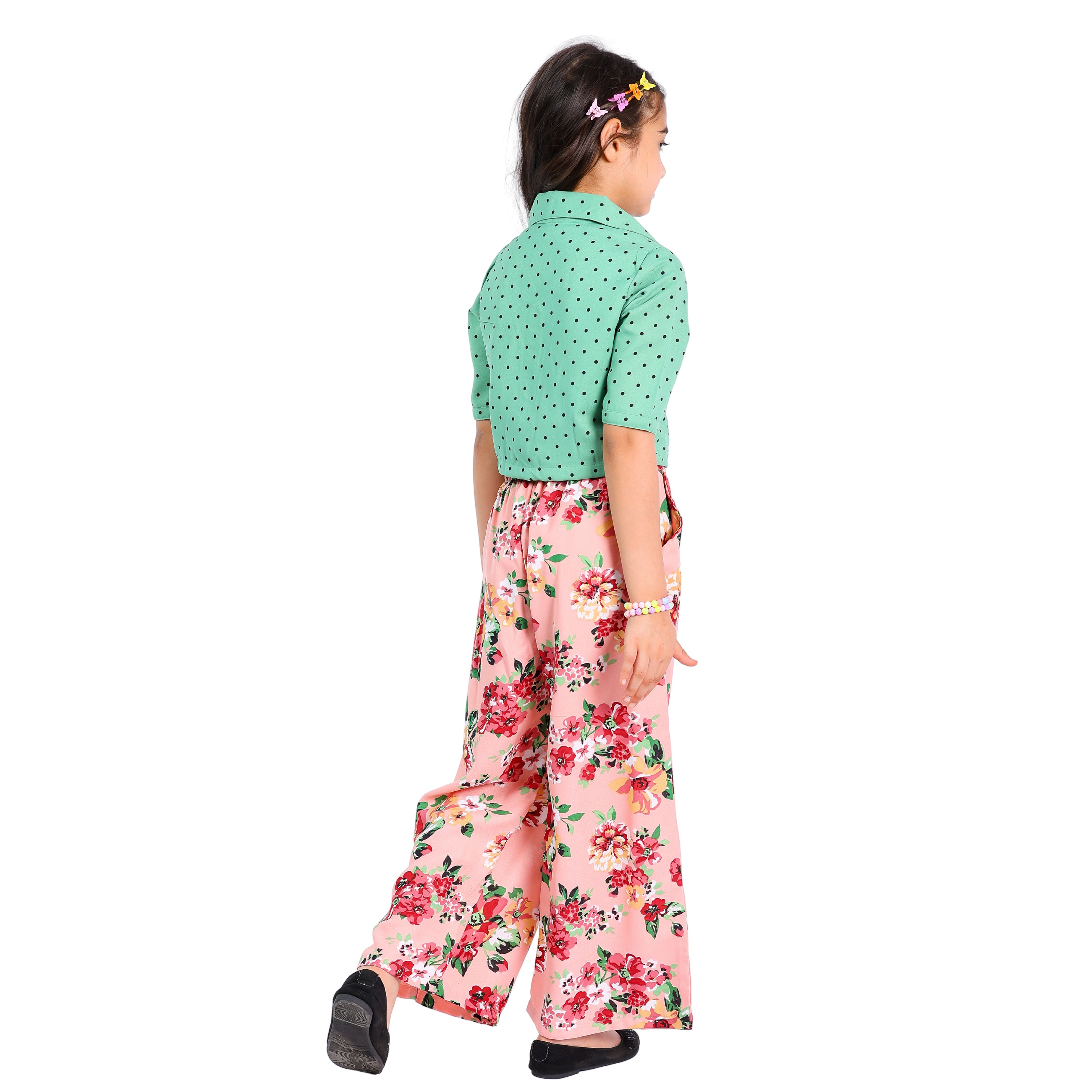 Girls Polka Dot Top & Floral Palazzo Set – Green (4–10 Yrs)