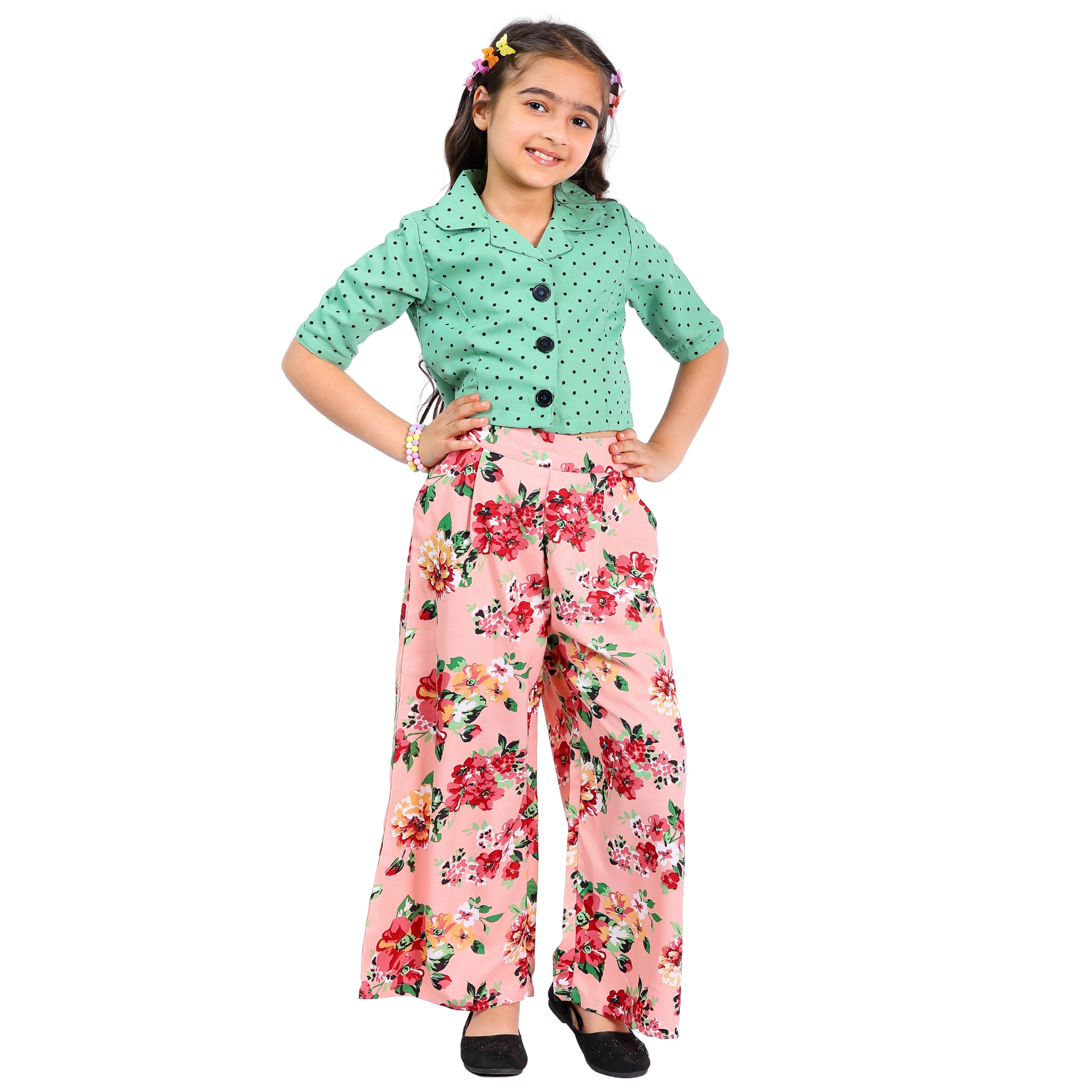 Girls Polka Dot Top & Floral Palazzo Set – Green (4–10 Yrs)
