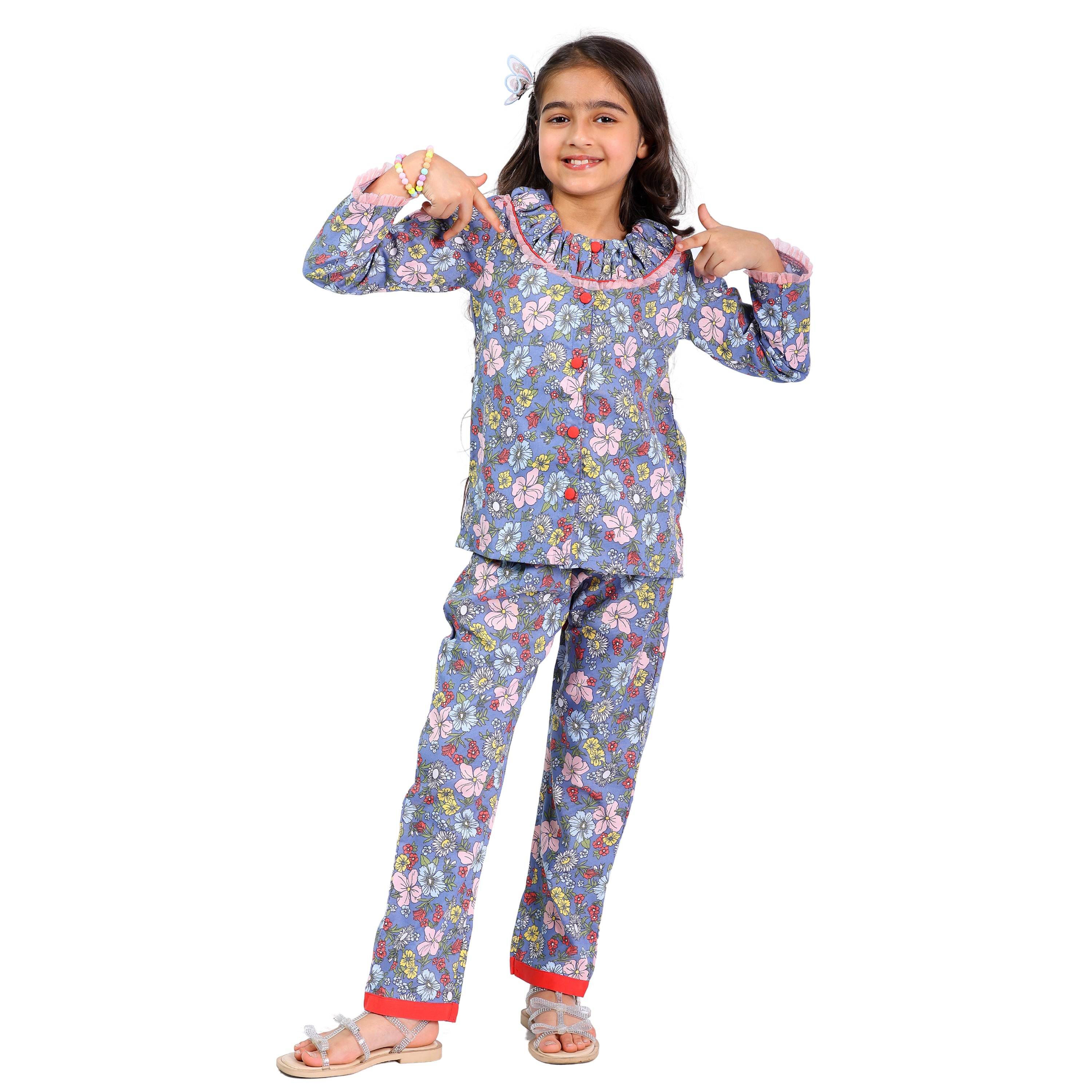 Long Sleeve Cord Set – Grey Floral Print with Contrast Buttons