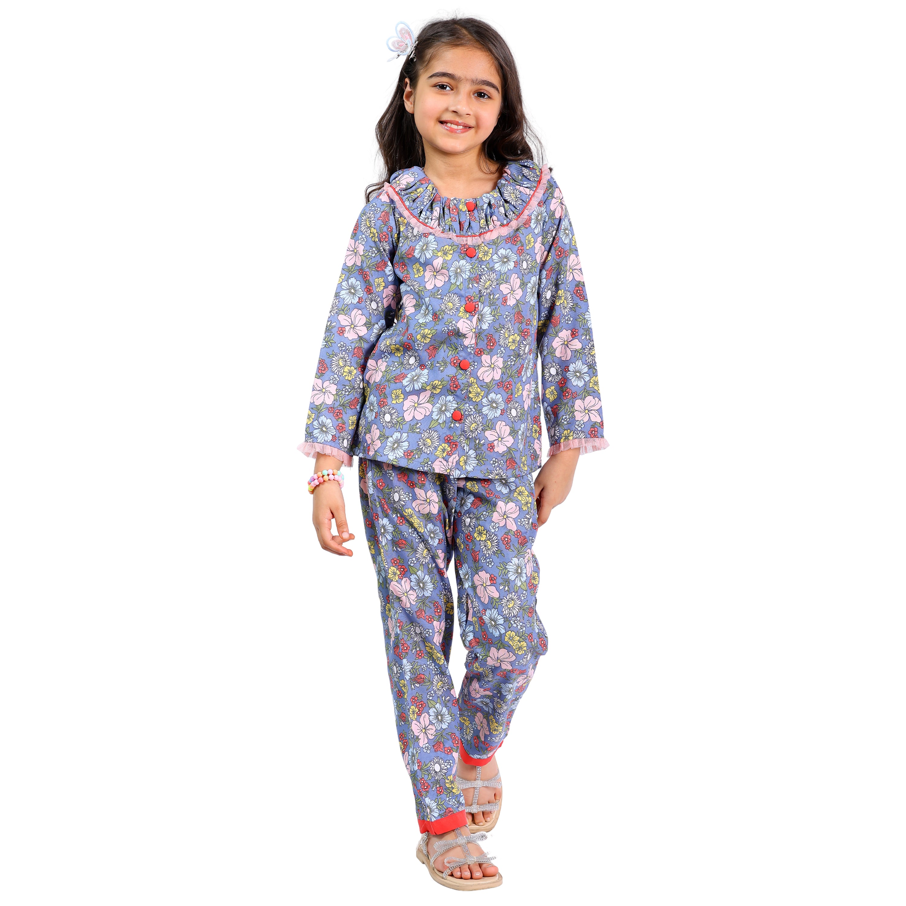 Long Sleeve Cord Set – Grey Floral Print with Contrast Buttons