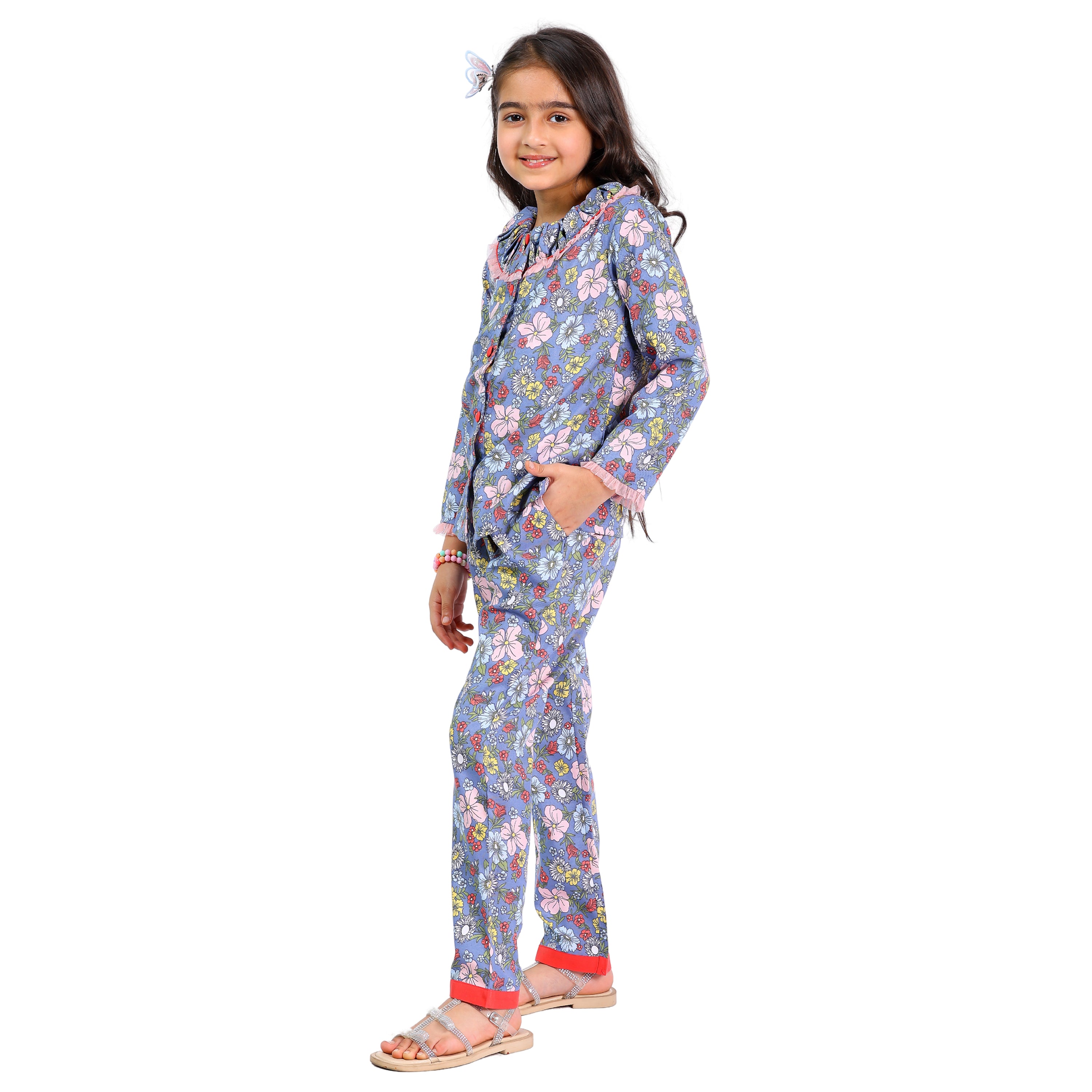 Long Sleeve Cord Set – Grey Floral Print with Contrast Buttons