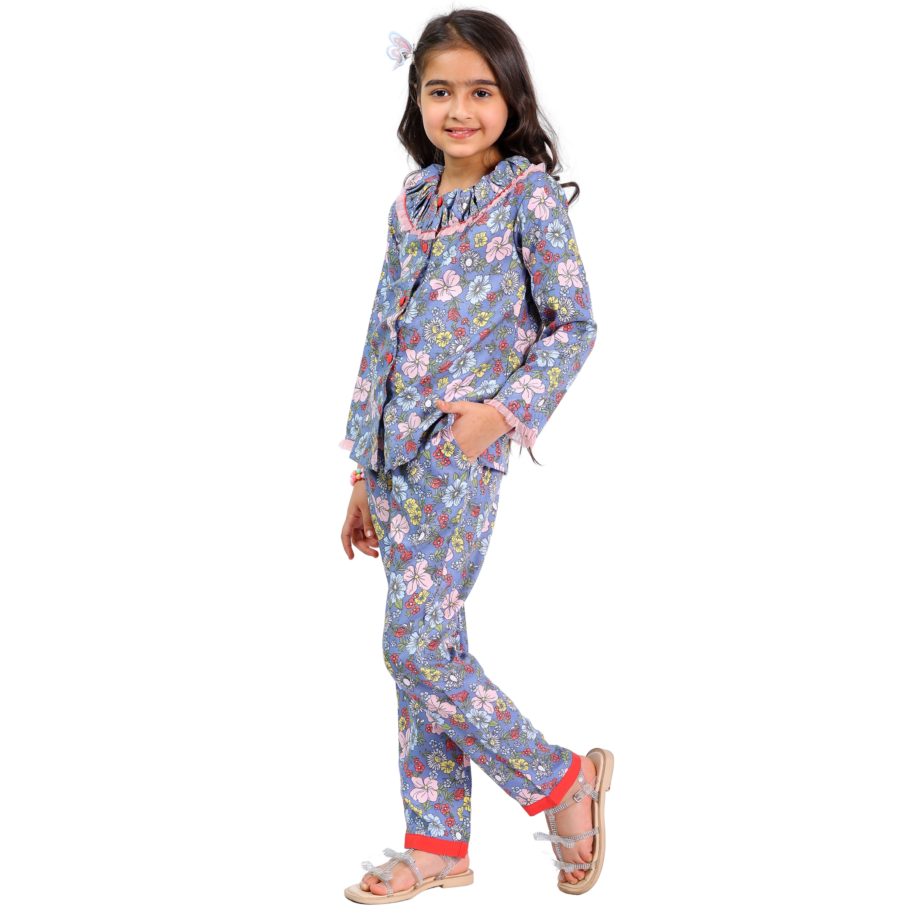 Long Sleeve Cord Set – Grey Floral Print with Contrast Buttons