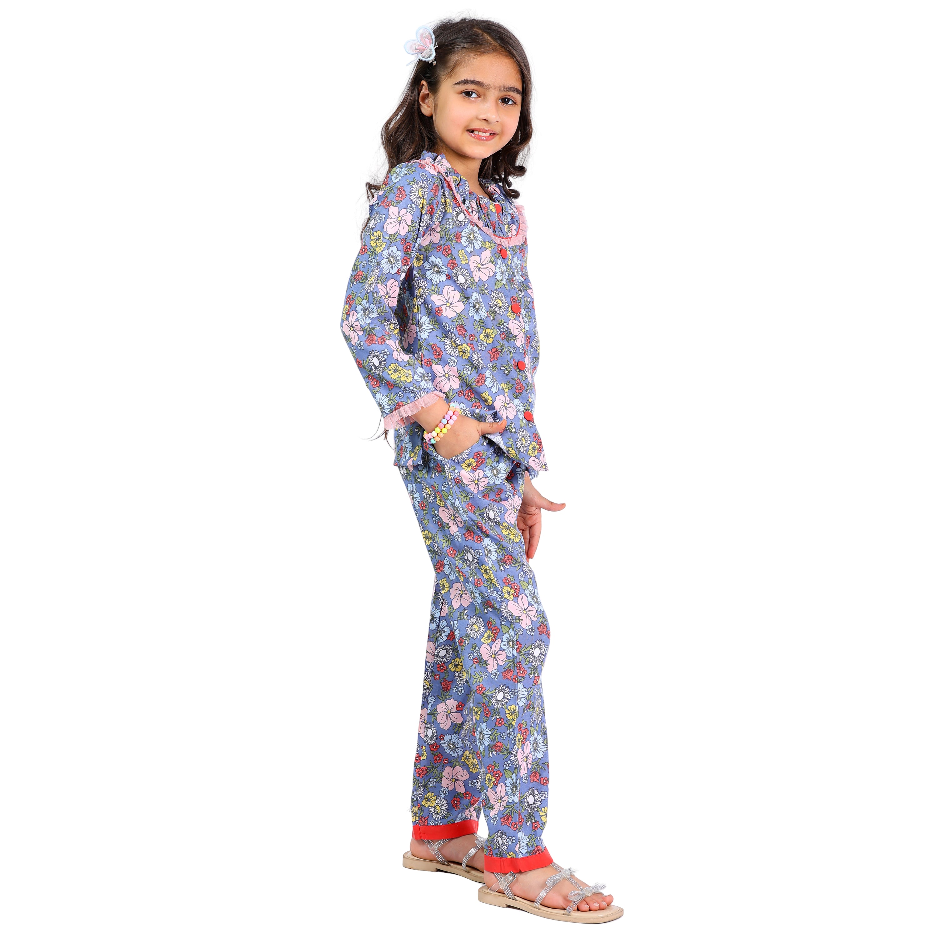Long Sleeve Cord Set – Grey Floral Print with Contrast Buttons