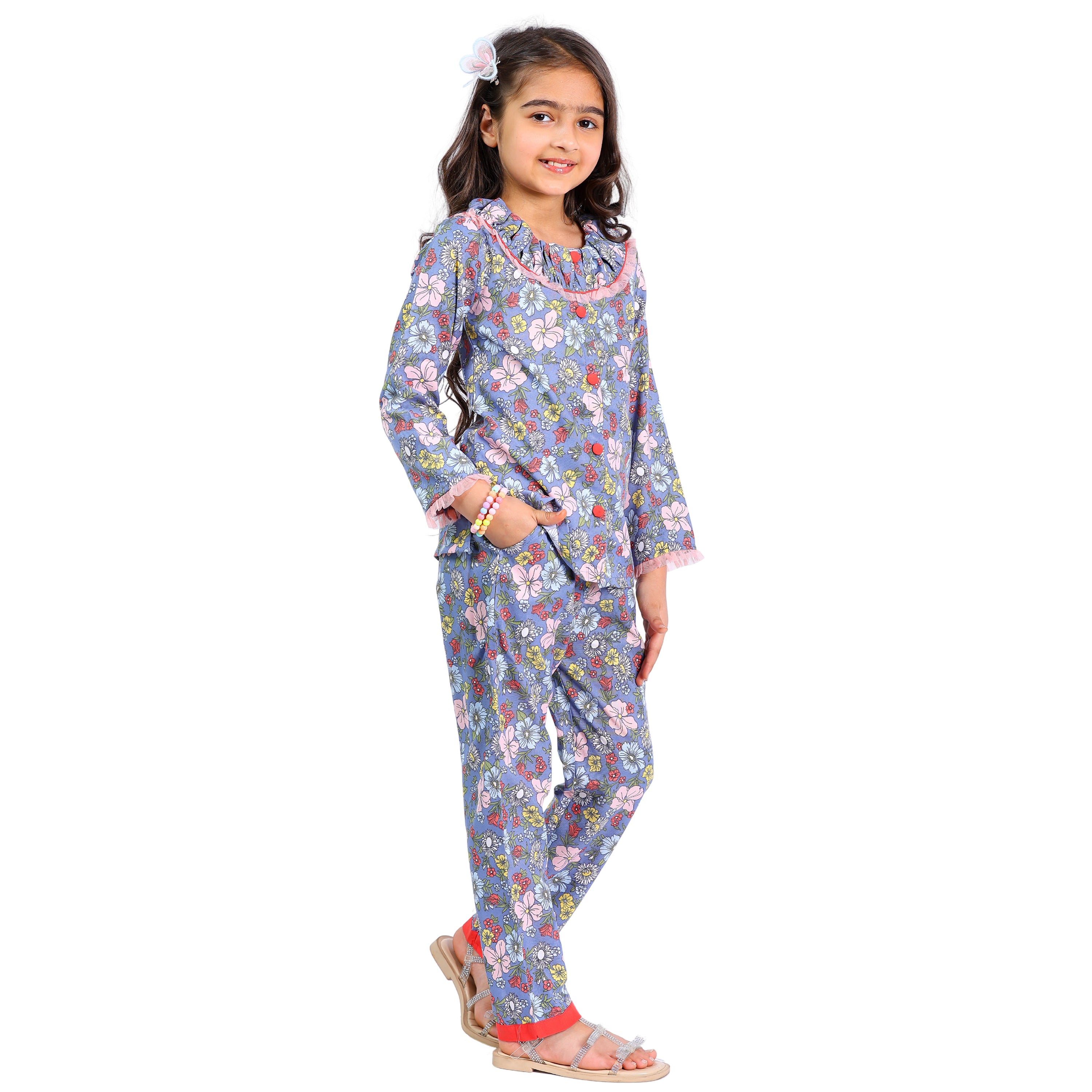Long Sleeve Cord Set – Grey Floral Print with Contrast Buttons
