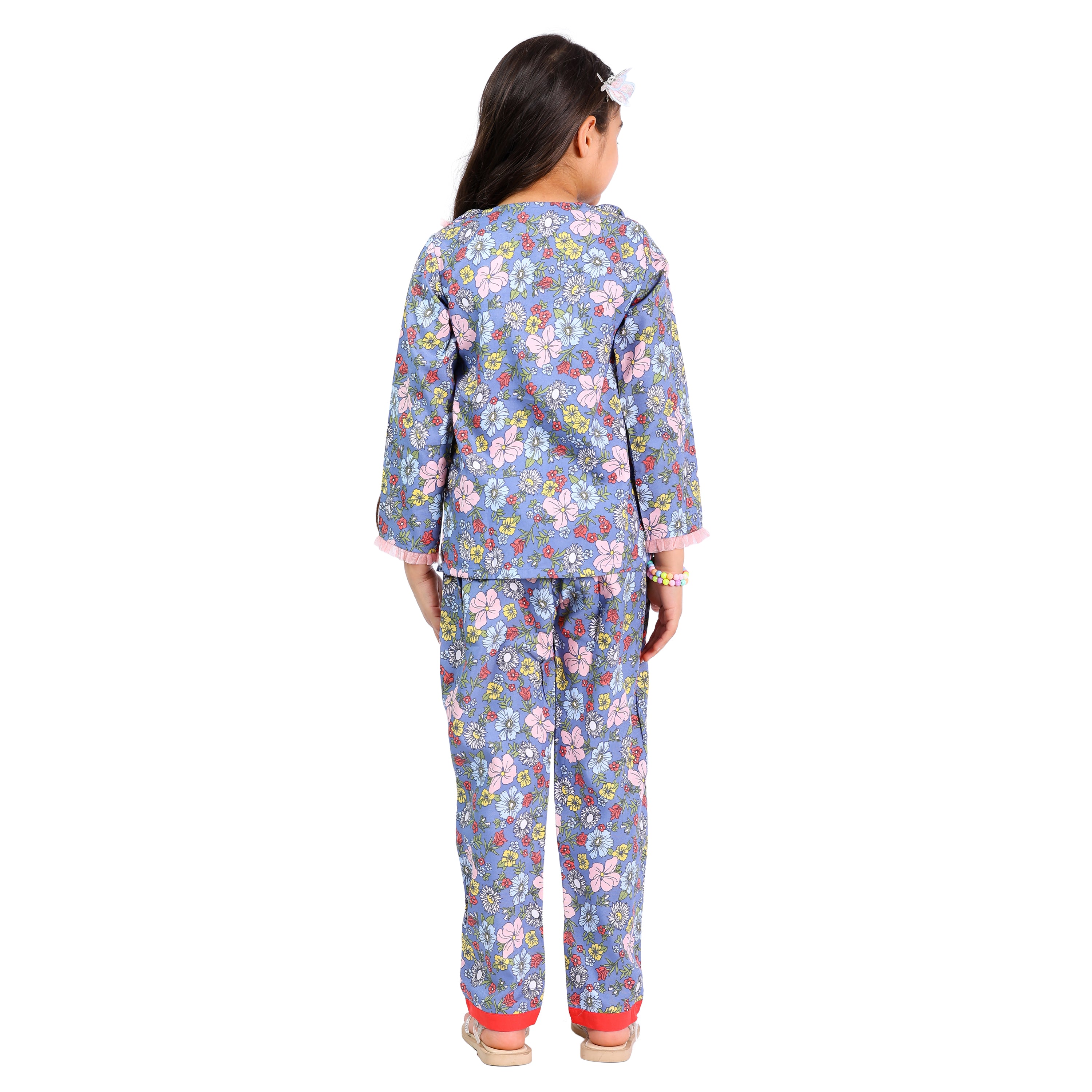Long Sleeve Cord Set – Grey Floral Print with Contrast Buttons