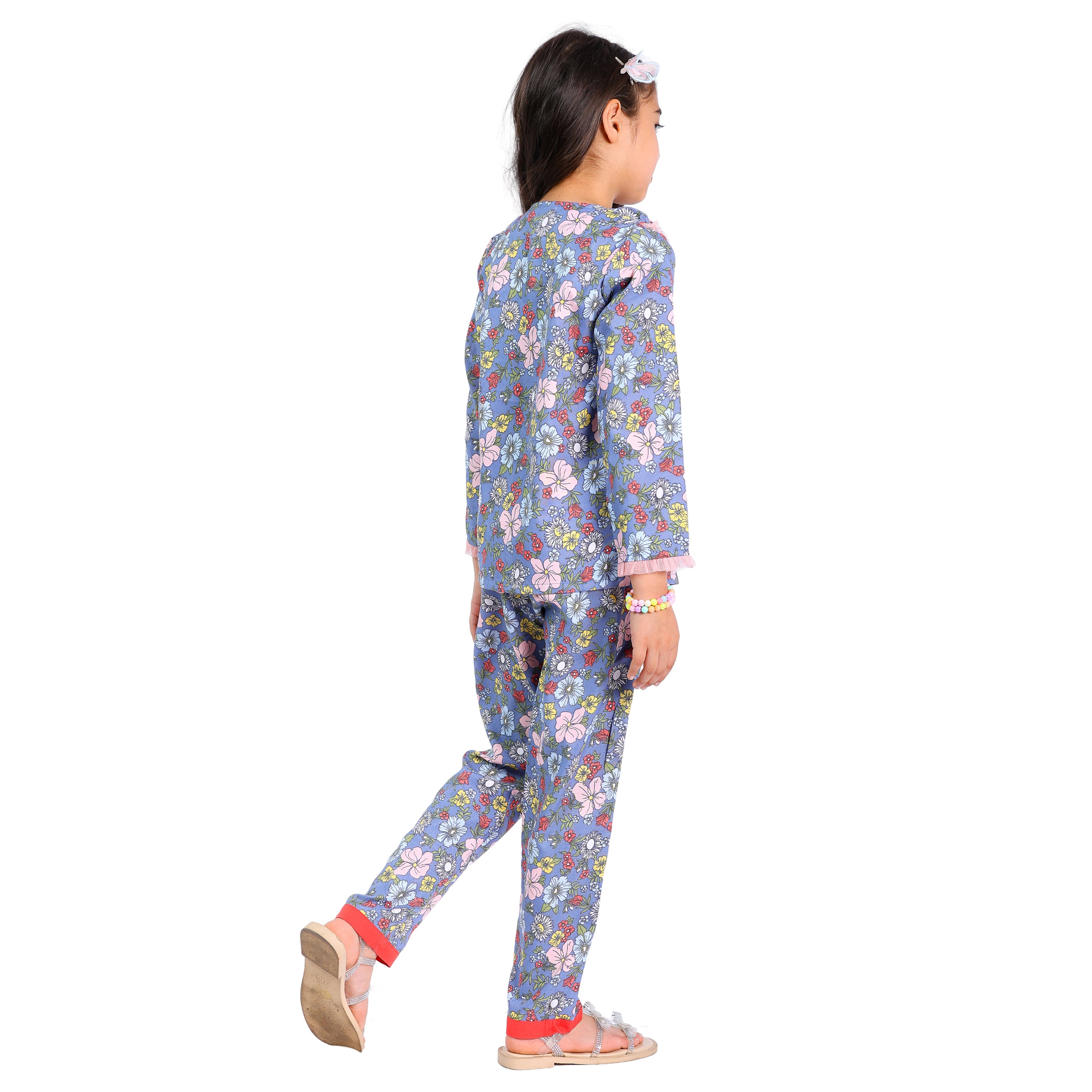 Long Sleeve Cord Set – Grey Floral Print with Contrast Buttons