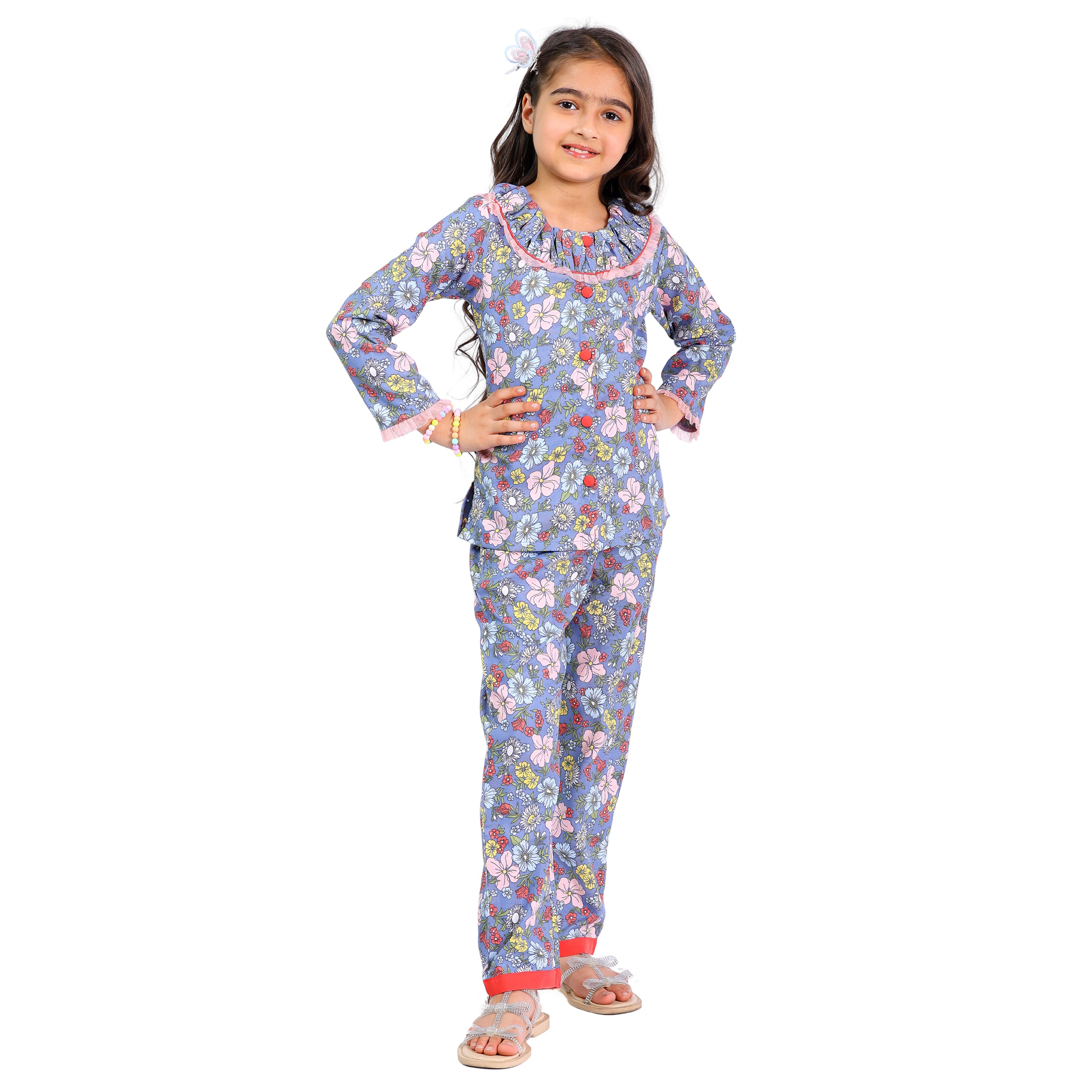 Long Sleeve Cord Set – Grey Floral Print with Contrast Buttons