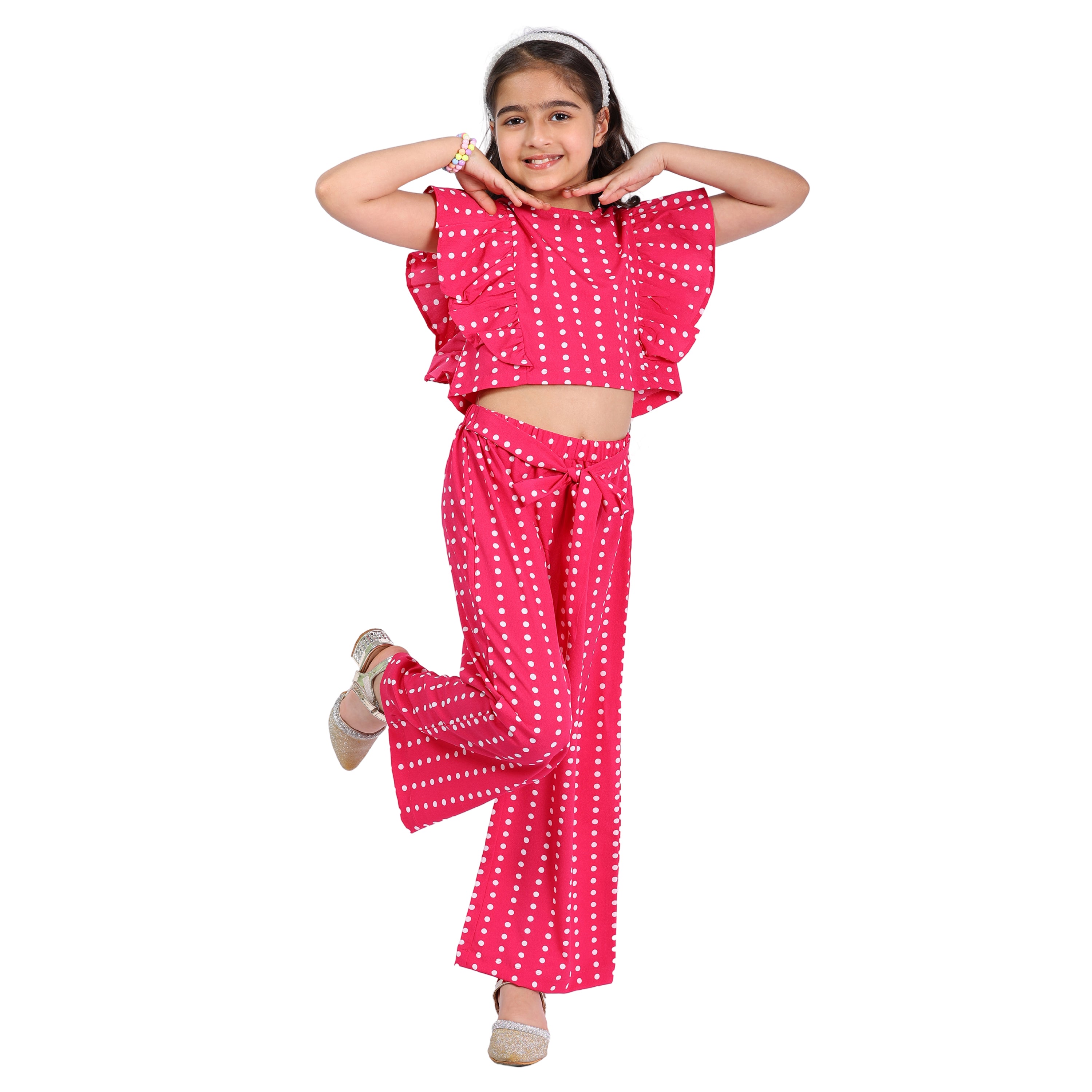 Girls Long Clothing Set – Pink Polka Print, Collar Neck (4–10 Yrs)