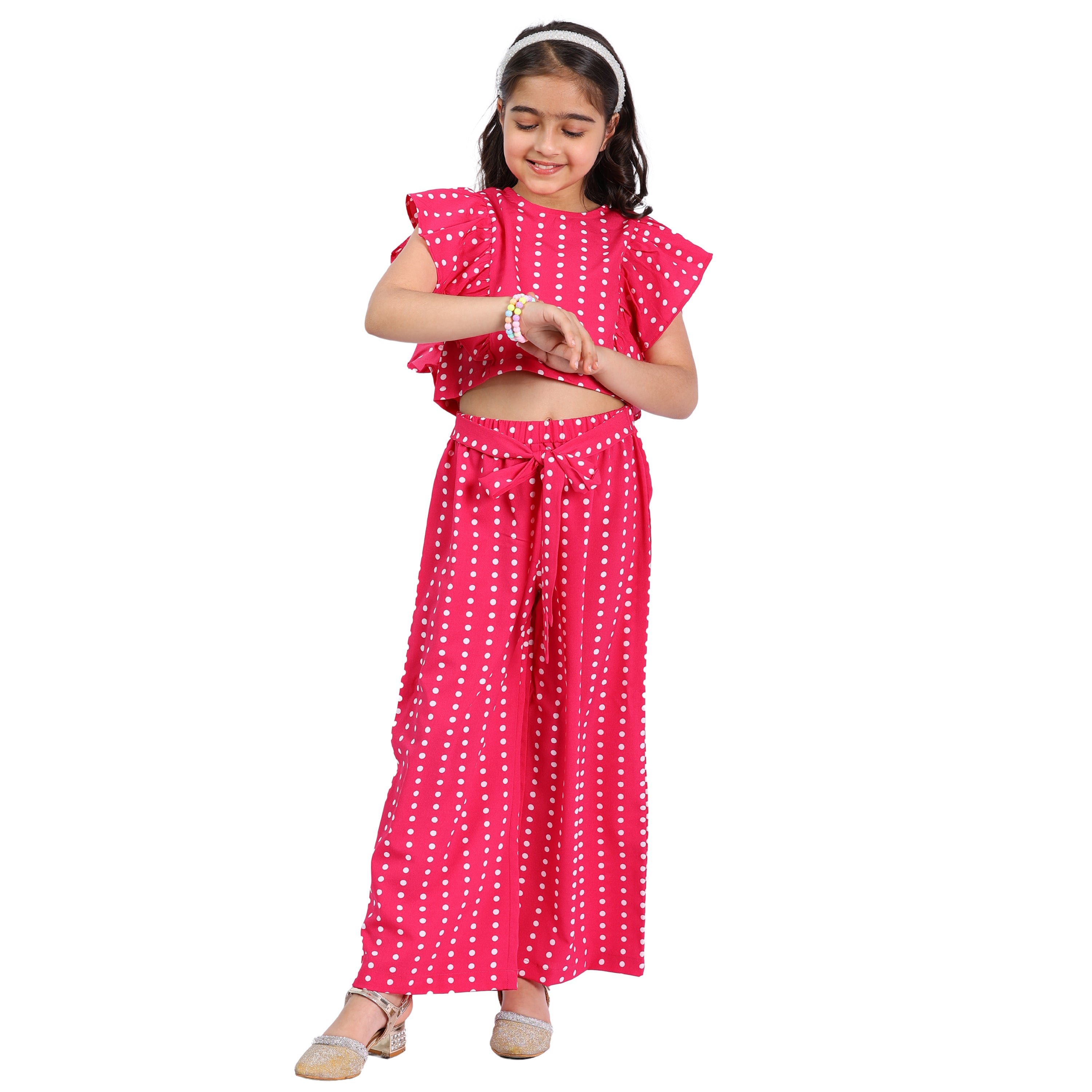 Girls Long Clothing Set – Pink Polka Print, Collar Neck (4–10 Yrs)