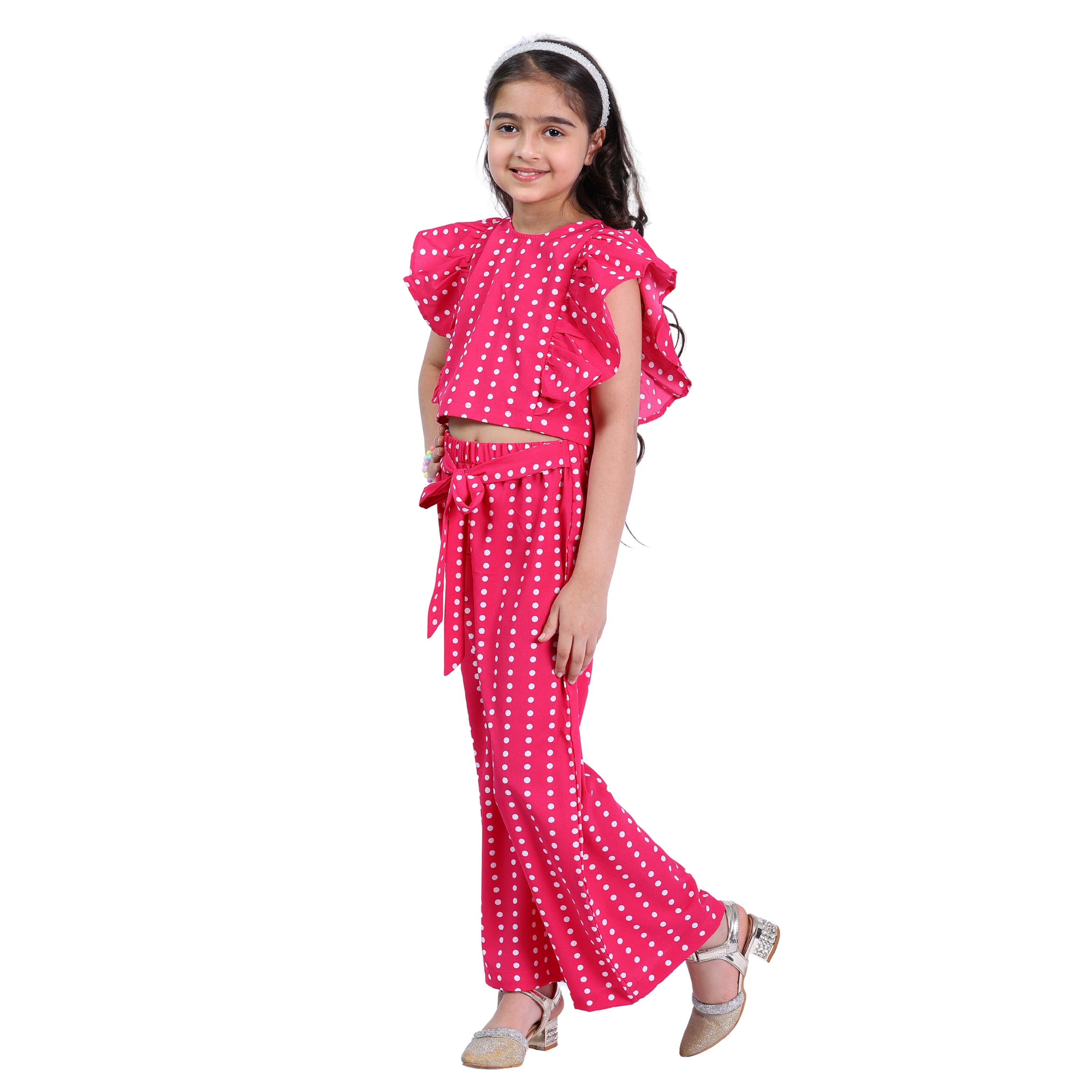 Girls Long Clothing Set – Pink Polka Print, Collar Neck (4–10 Yrs)