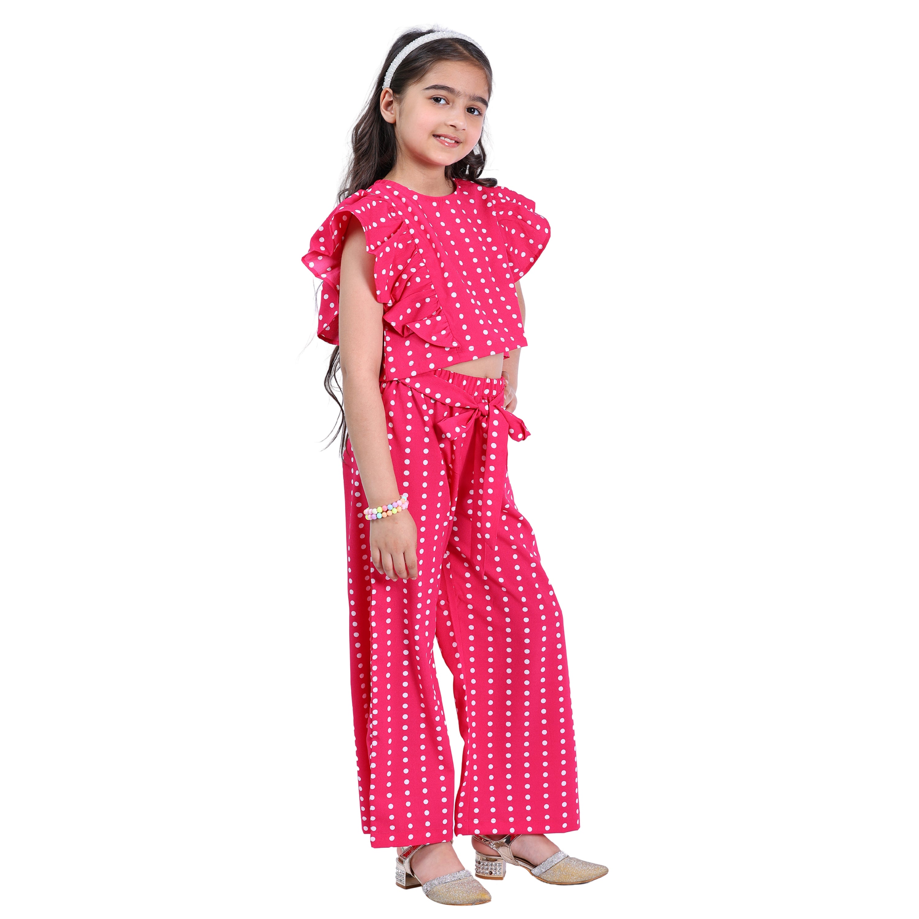 Girls Long Clothing Set – Pink Polka Print, Collar Neck (4–10 Yrs)