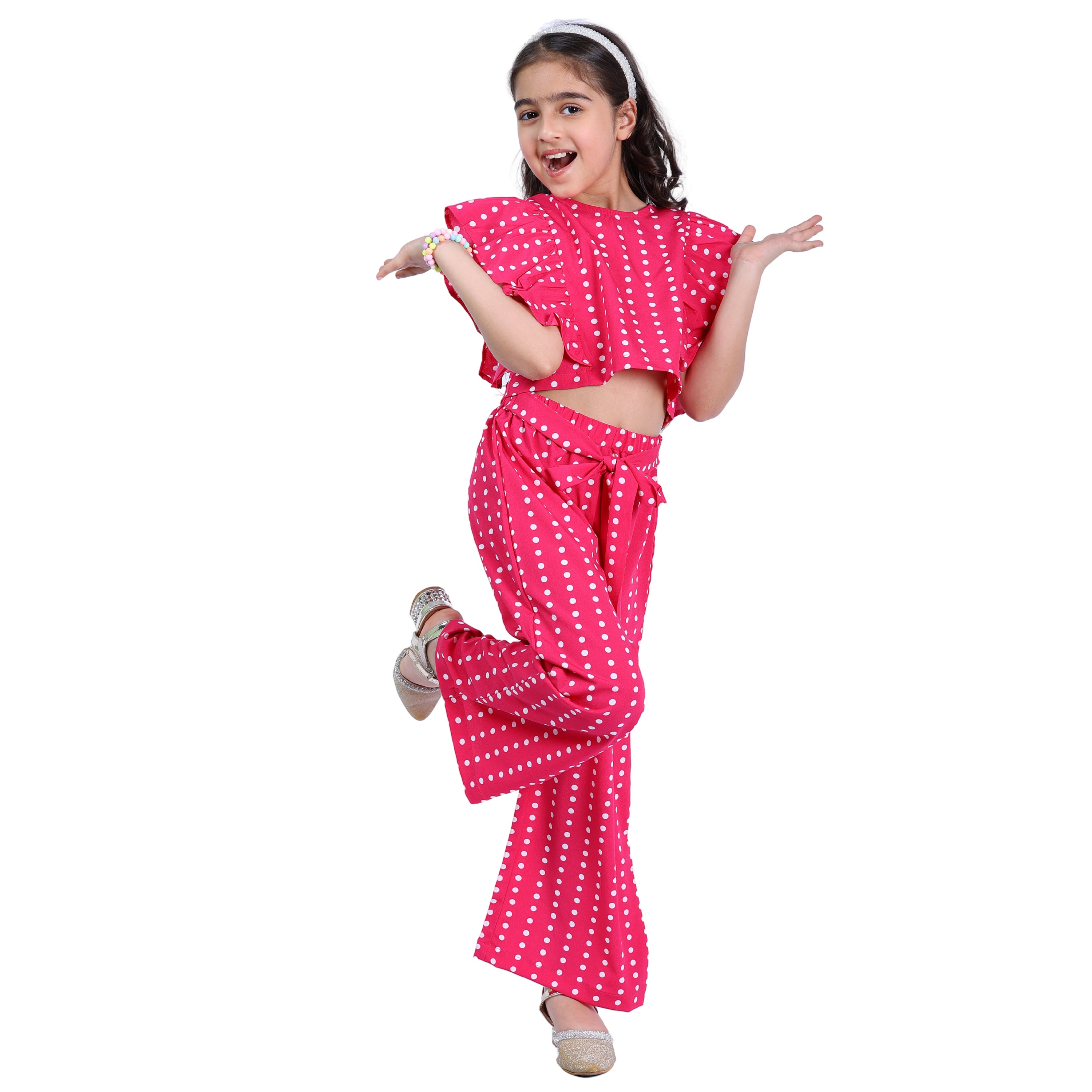 Girls Long Clothing Set – Pink Polka Print, Collar Neck (4–10 Yrs)