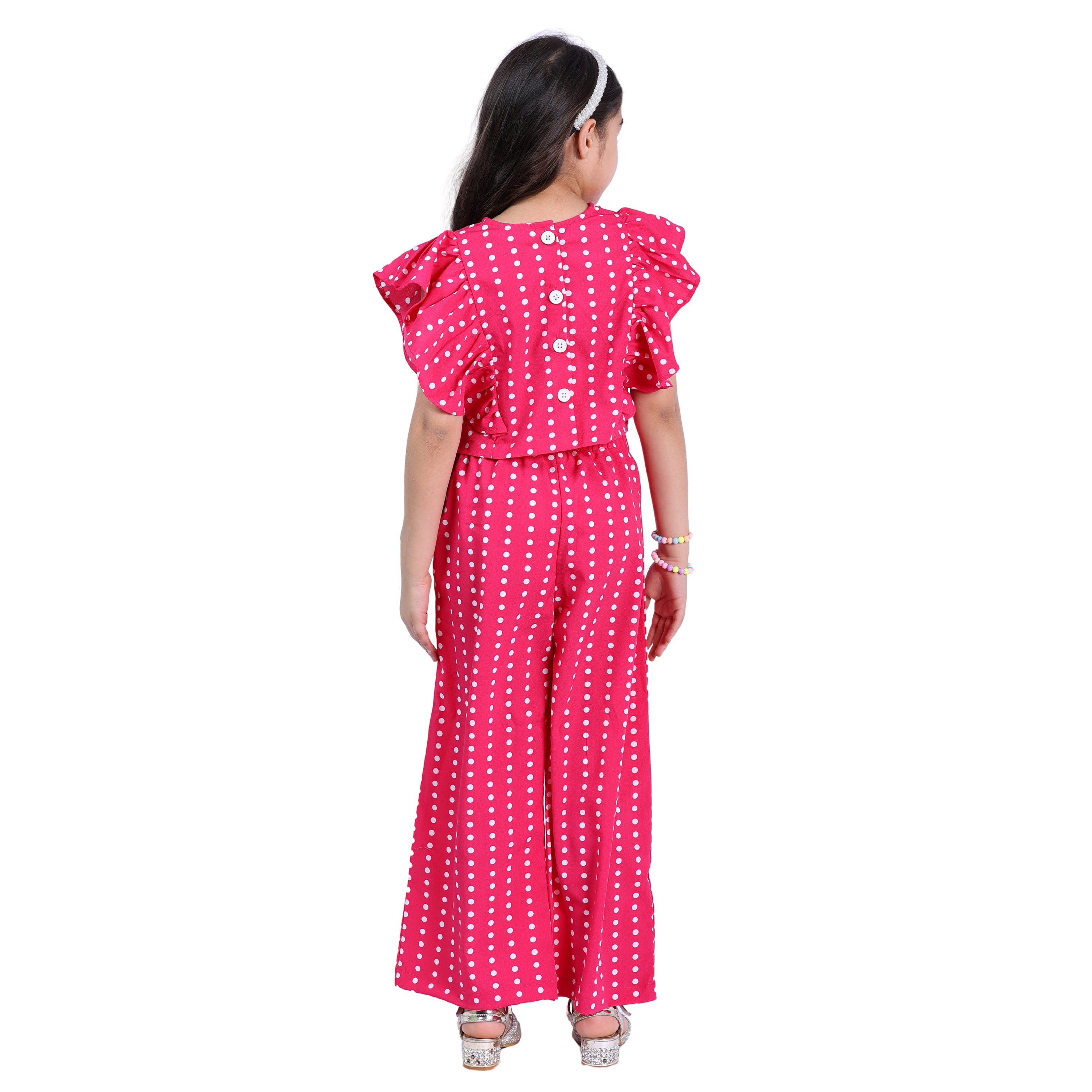 Girls Long Clothing Set – Pink Polka Print, Collar Neck (4–10 Yrs)