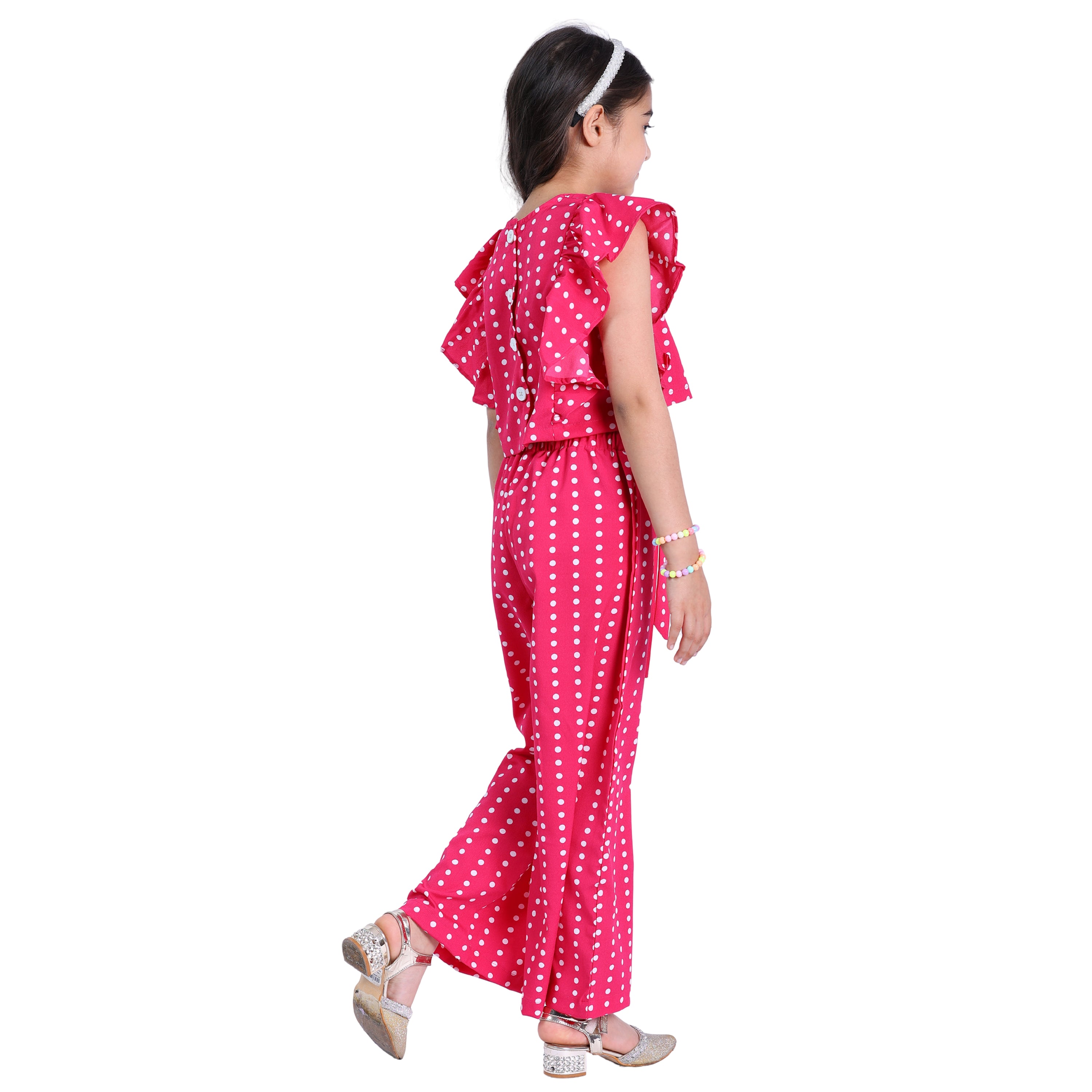 Girls Long Clothing Set – Pink Polka Print, Collar Neck (4–10 Yrs)