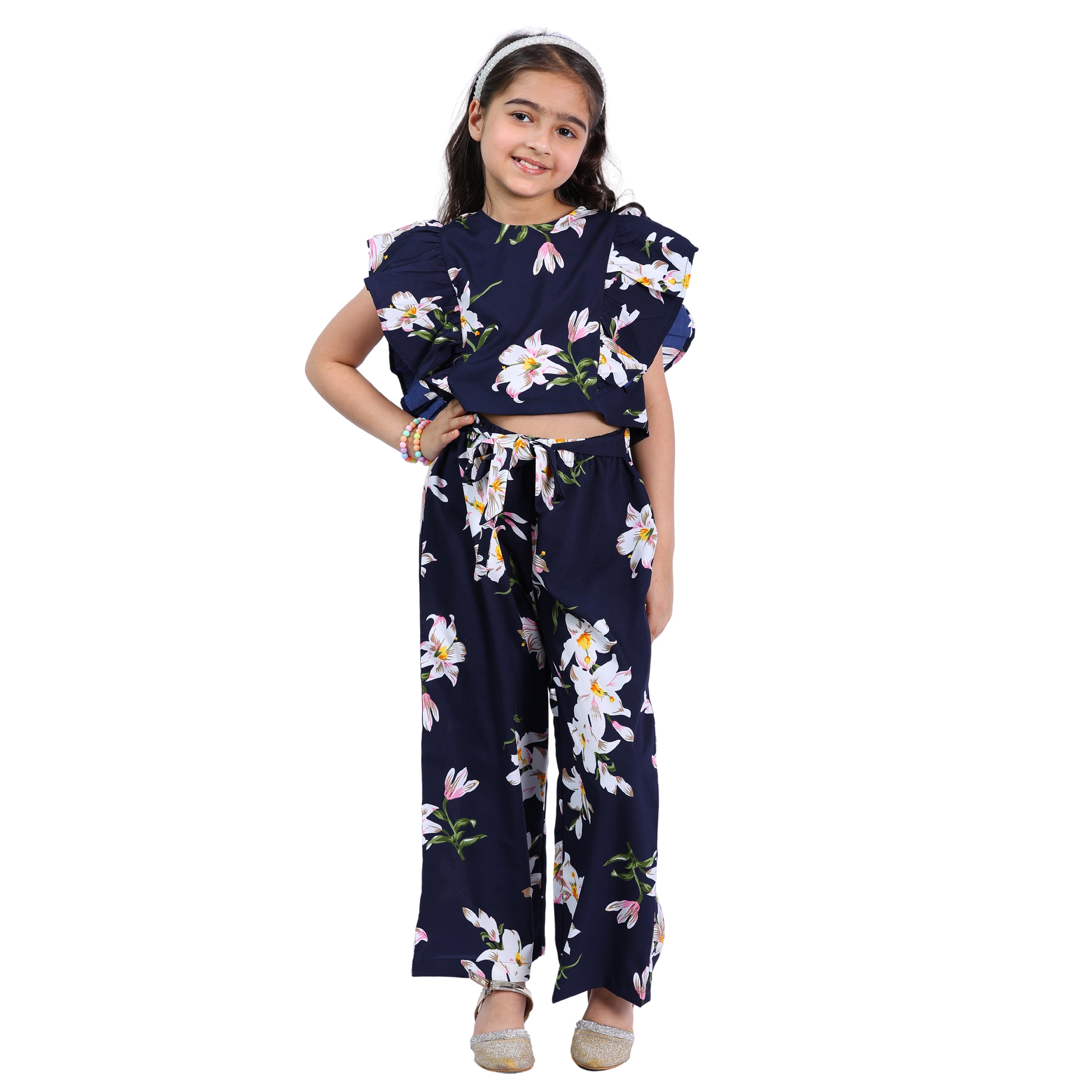 Girls Navy Floral & Polka Printed Clothing Set – Top with Palazzo (4–10 Yrs)
