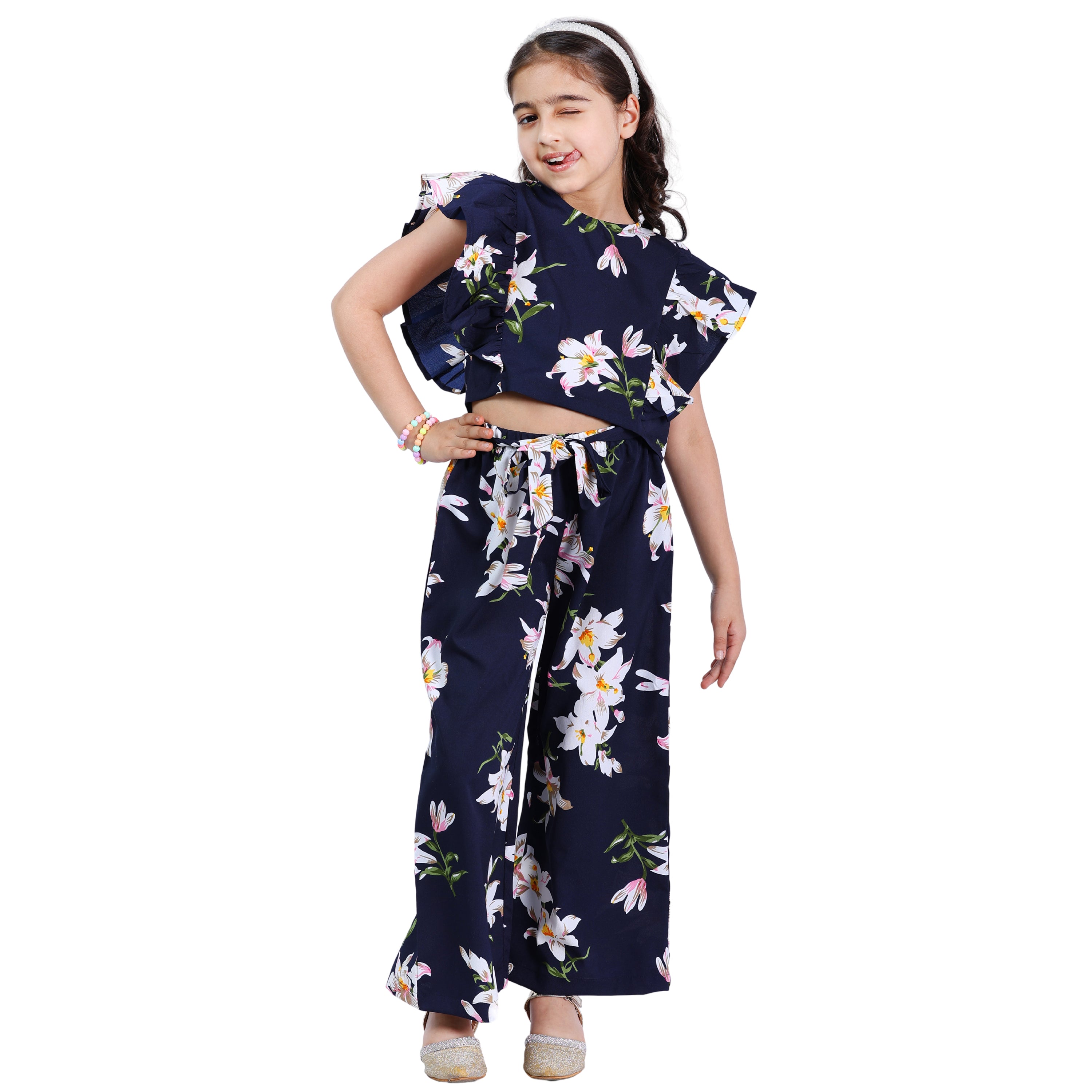 Girls Navy Floral & Polka Printed Clothing Set – Top with Palazzo (4–10 Yrs)