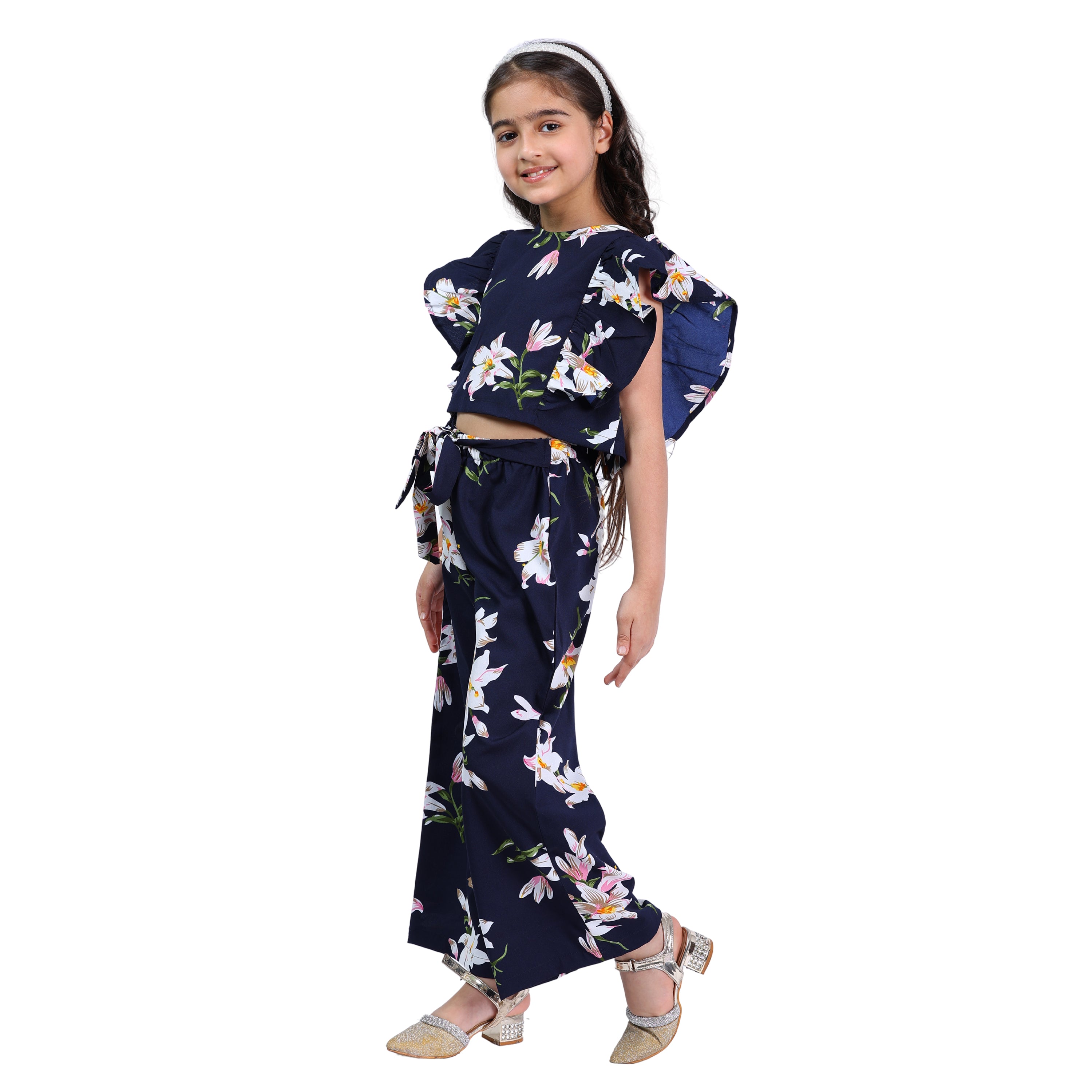 Girls Navy Floral & Polka Printed Clothing Set – Top with Palazzo (4–10 Yrs)