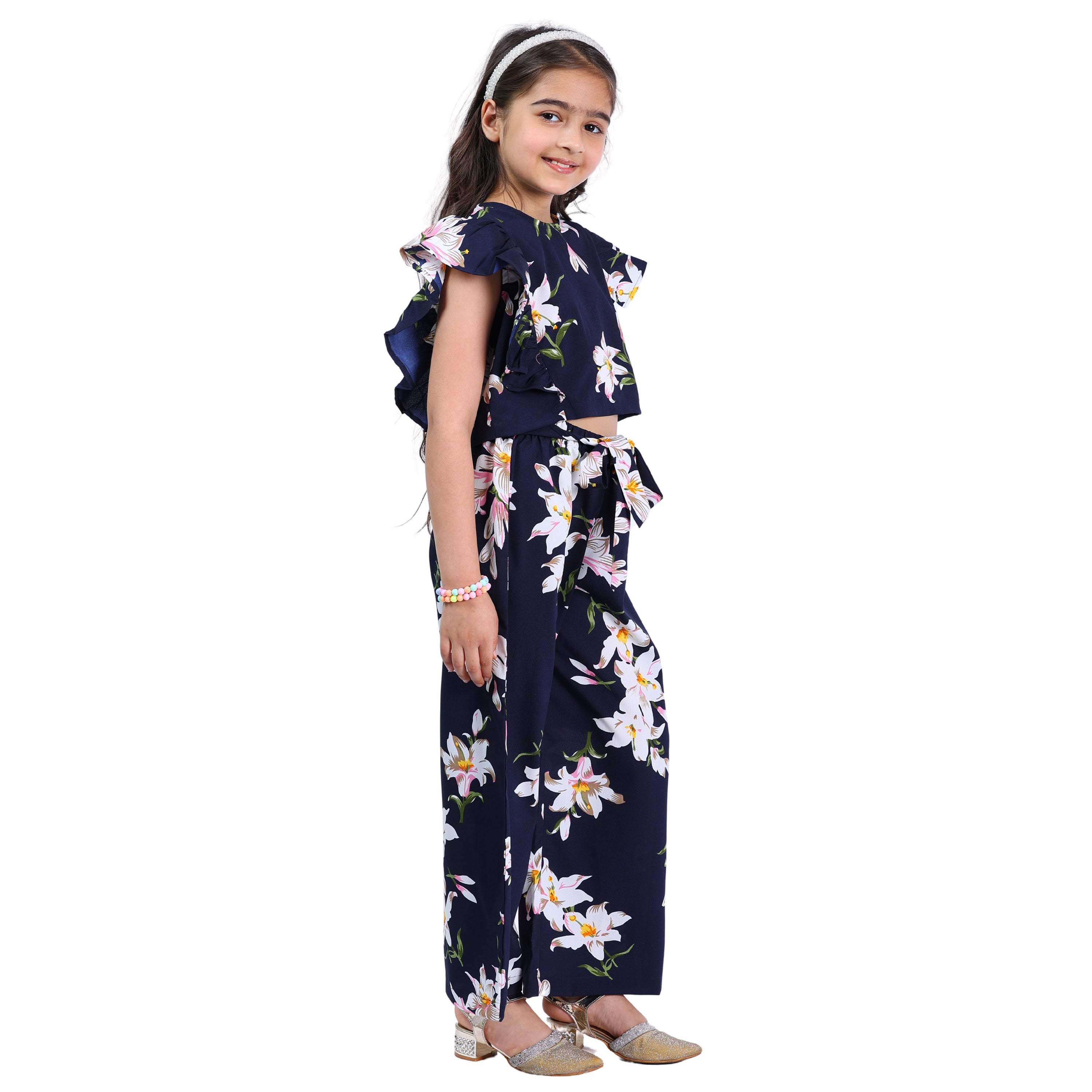 Girls Navy Floral & Polka Printed Clothing Set – Top with Palazzo (4–10 Yrs)
