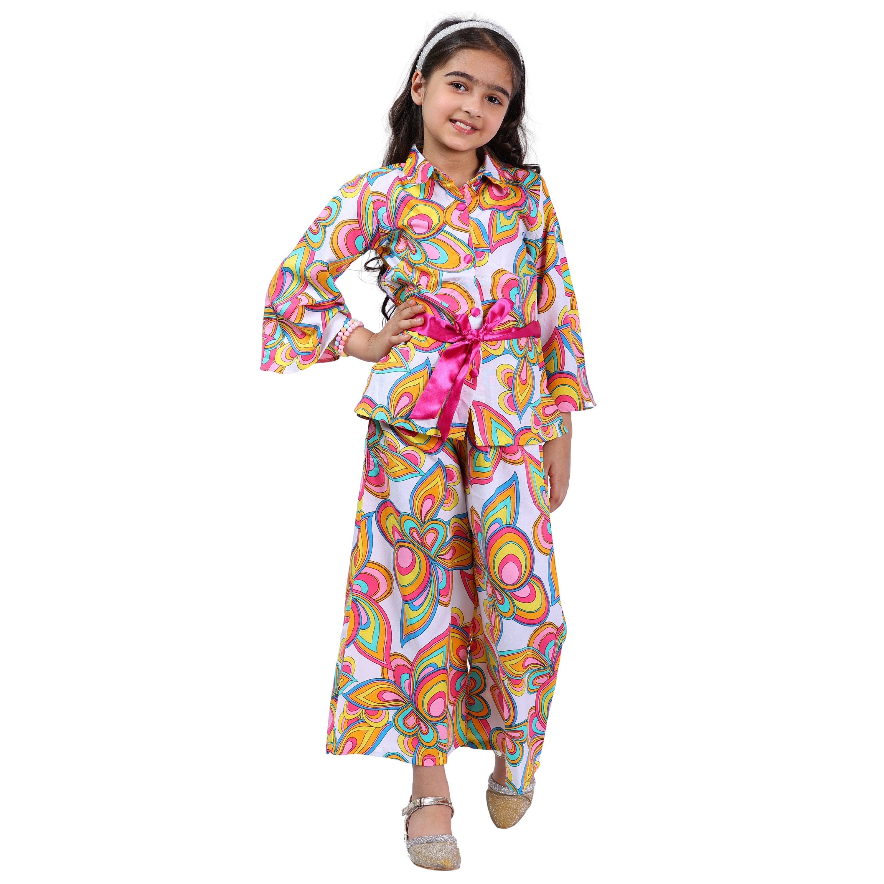 Girls Long Sleeve Cord Set – Abstract Print with Belt (Multi-color)