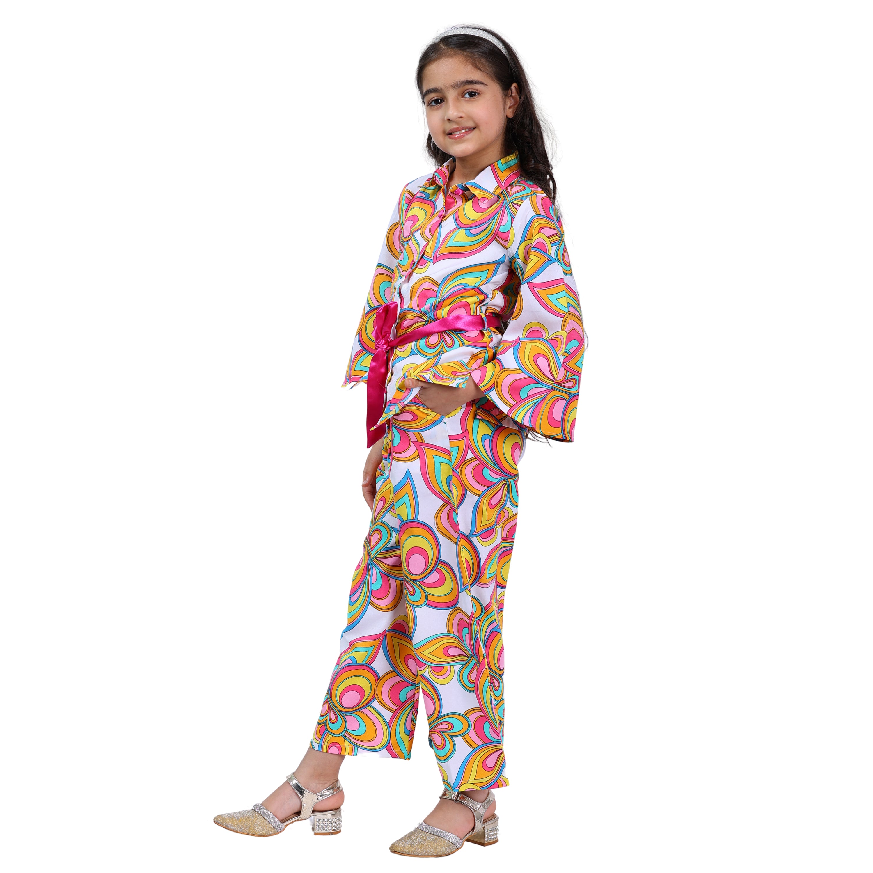 Girls Long Sleeve Cord Set – Abstract Print with Belt (Multi-color)