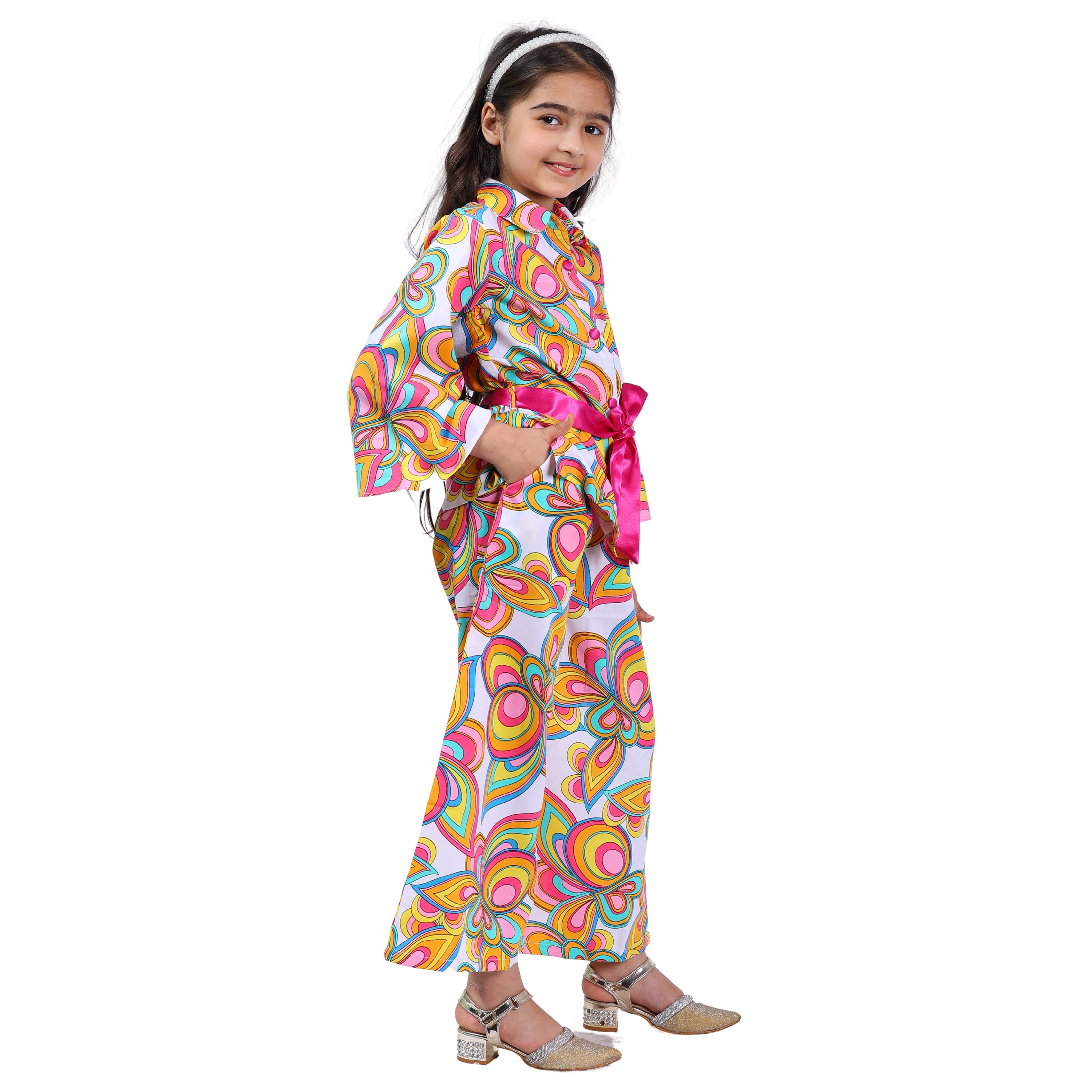 Girls Long Sleeve Cord Set – Abstract Print with Belt (Multi-color)