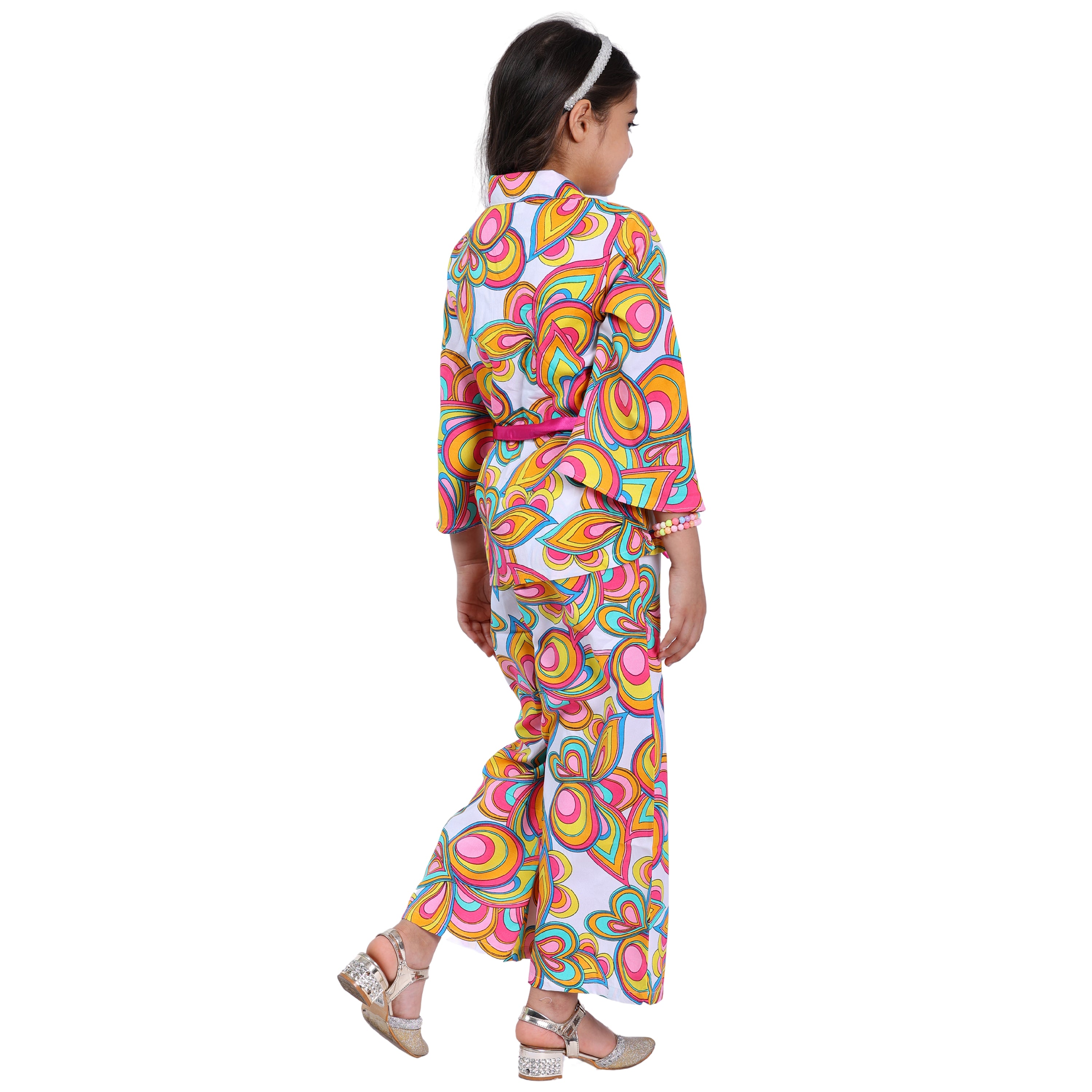 Girls Long Sleeve Cord Set – Abstract Print with Belt (Multi-color)