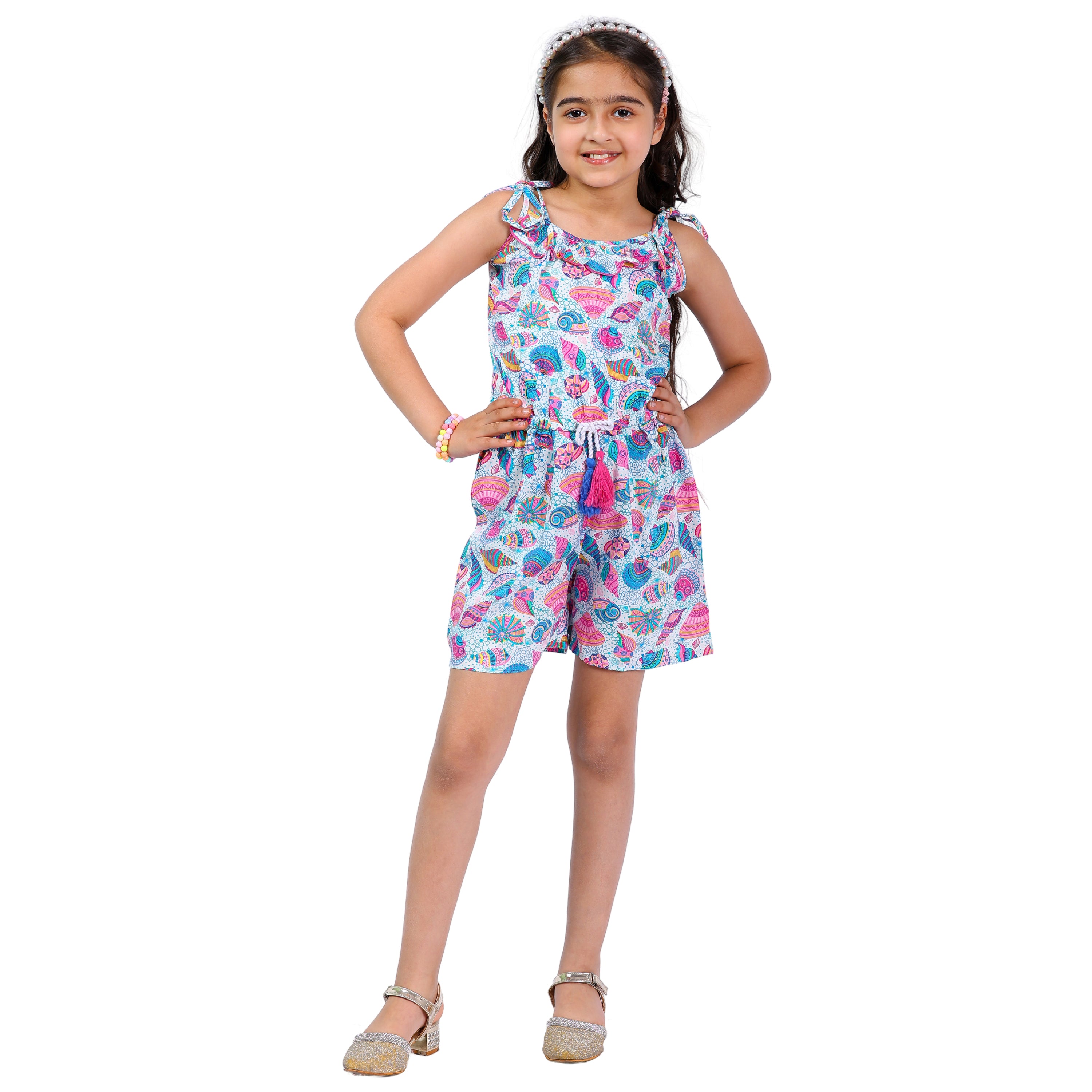 Girls Printed Trendy Comfortable Sleeveless Short Jumpsuit Multi