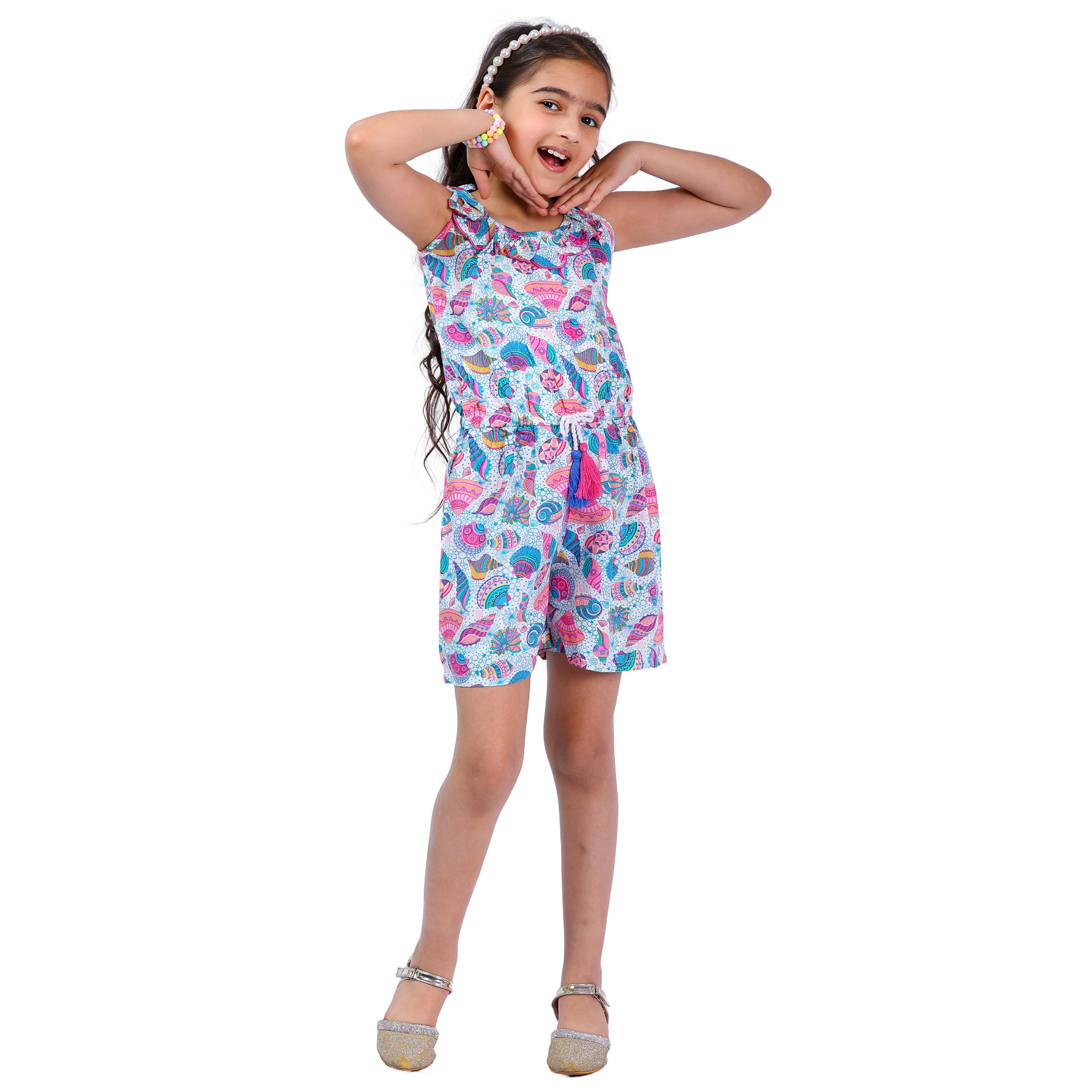 Girls Printed Trendy Comfortable Sleeveless Short Jumpsuit Multi