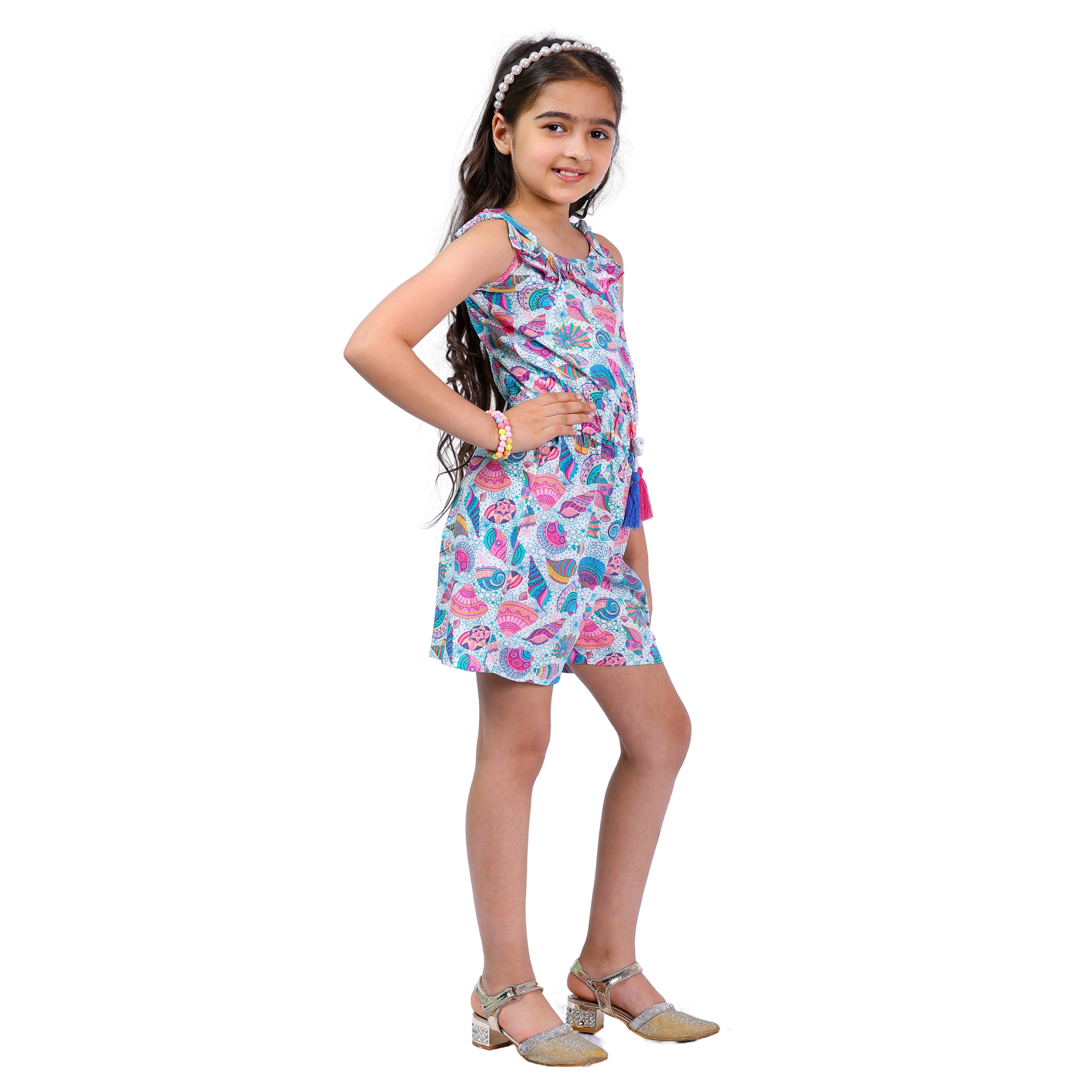 Girls Printed Trendy Comfortable Sleeveless Short Jumpsuit Multi