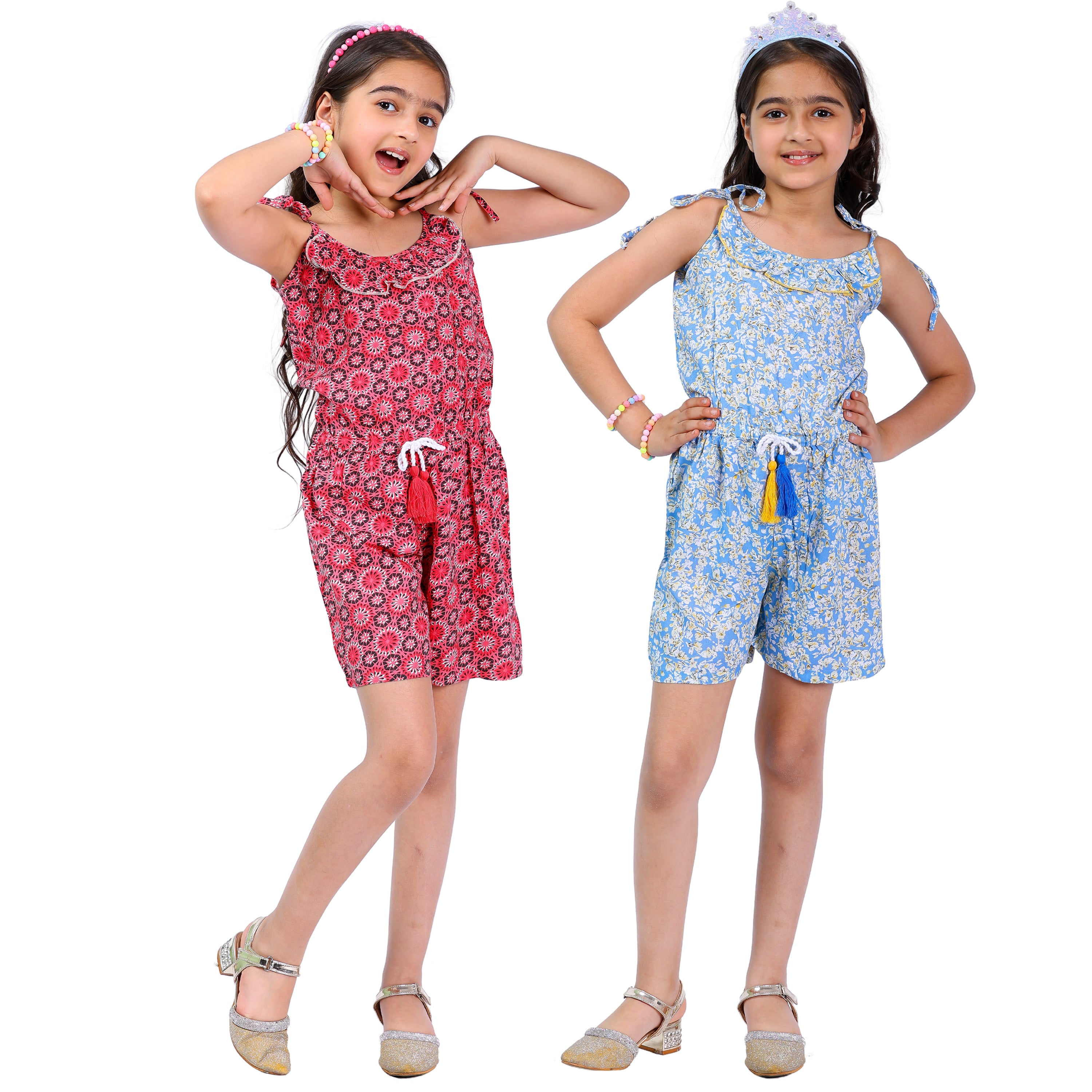 Set of 2 Girls Short Jumpsuits – Red & Blue with Tassel Dori (4–10 Yrs)