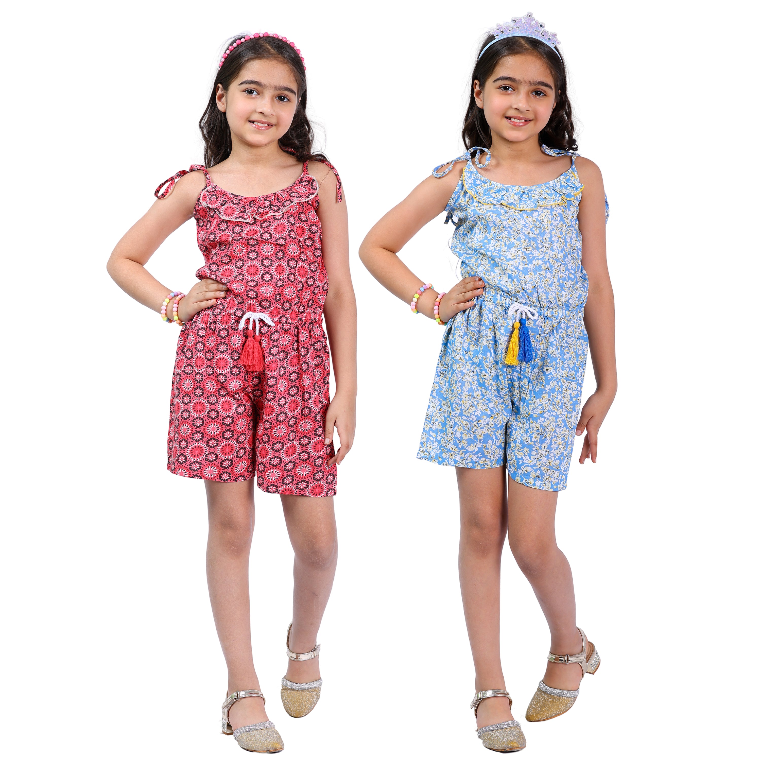 Set of 2 Girls Short Jumpsuits – Red & Blue with Tassel Dori (4–10 Yrs)