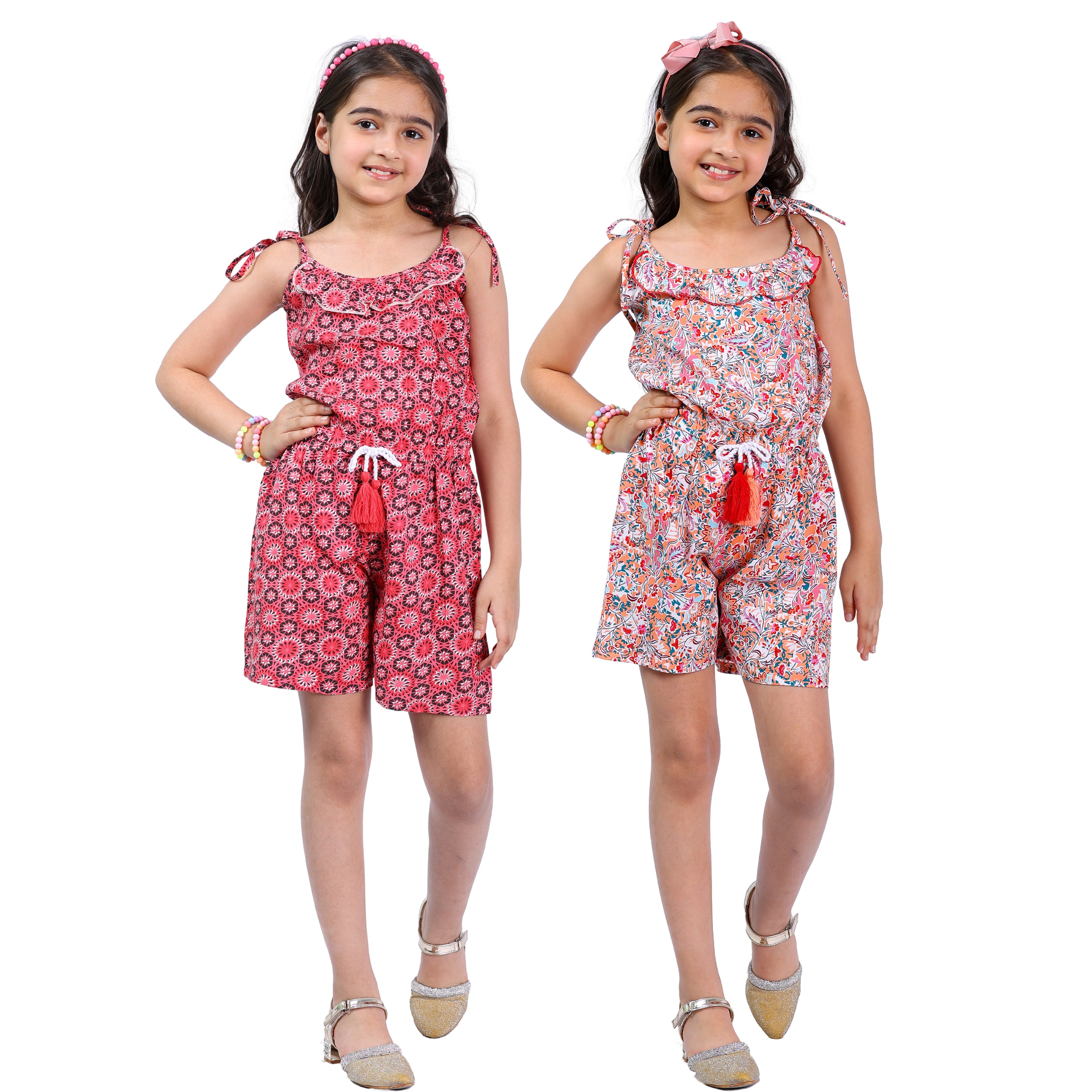 Set of 2 Girls Short Jumpsuits in Red & Multi Color with Tassel Dori (4–10 Yrs)