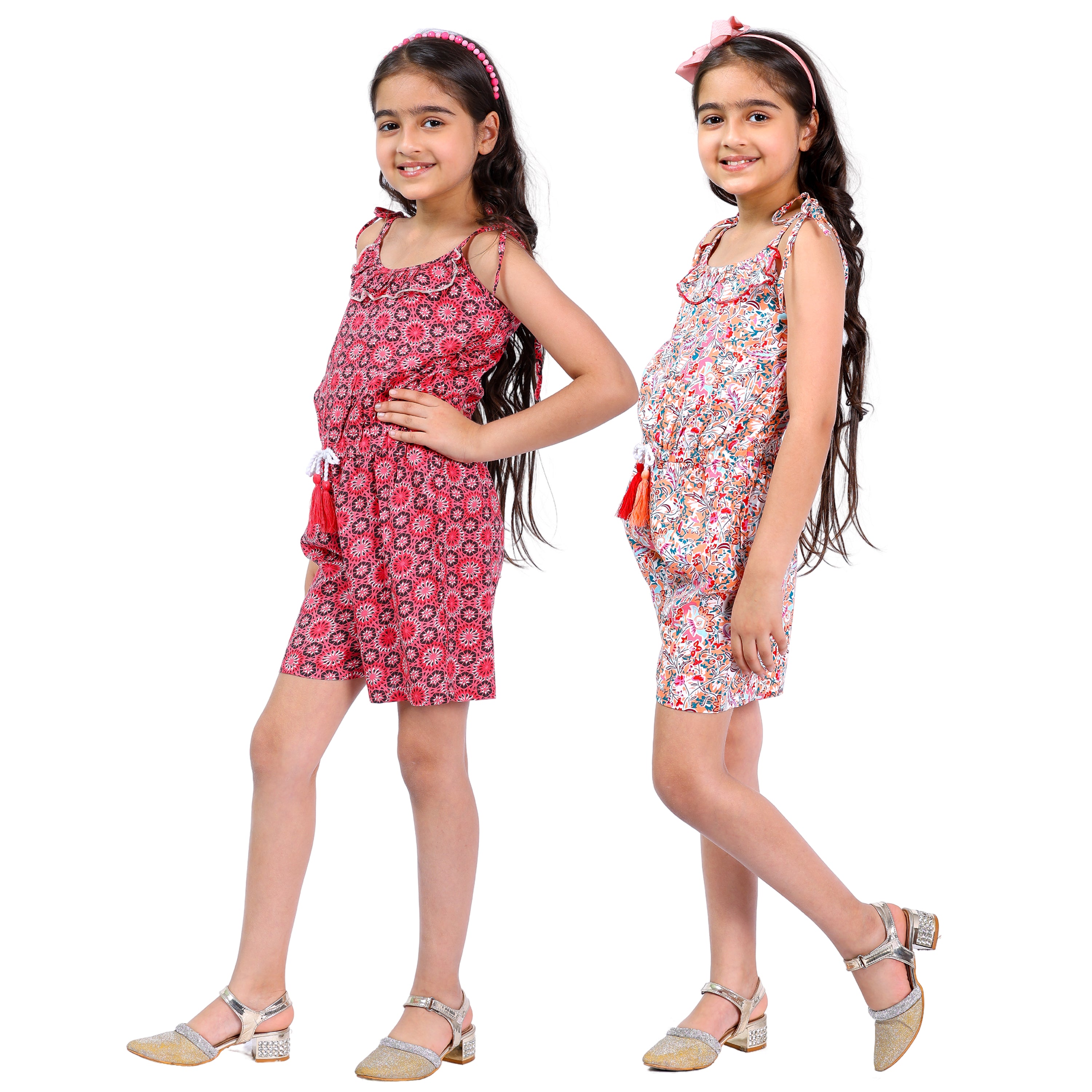 Set of 2 Girls Short Jumpsuits in Red & Multi Color with Tassel Dori (4–10 Yrs)