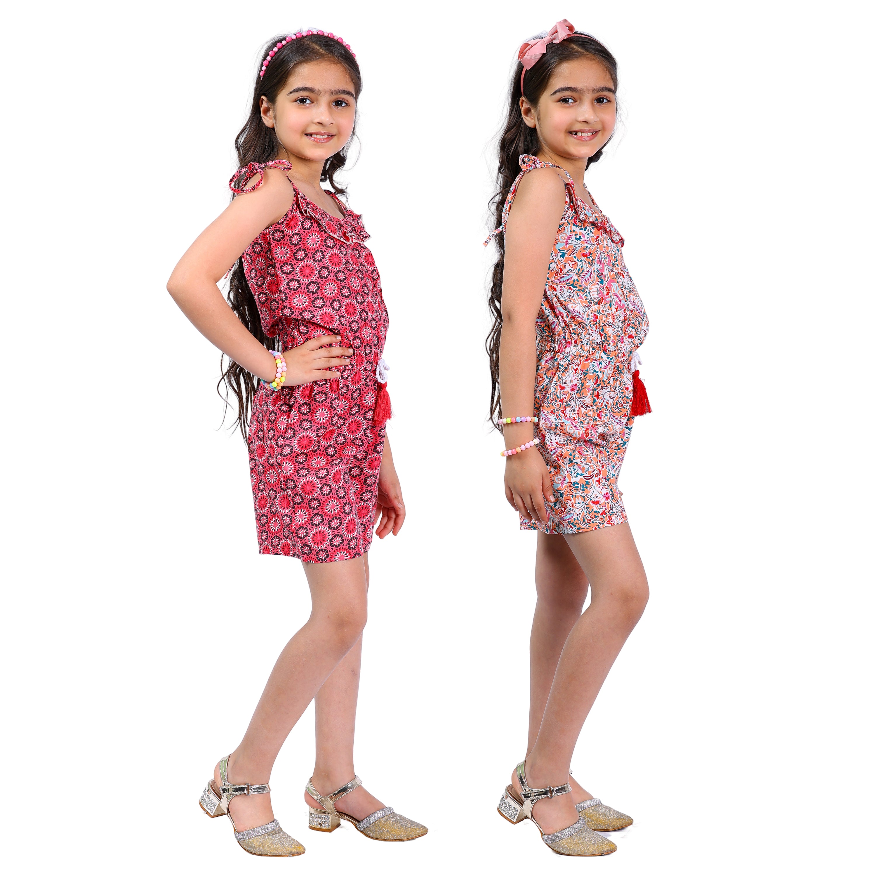 Set of 2 Girls Short Jumpsuits in Red & Multi Color with Tassel Dori (4–10 Yrs)
