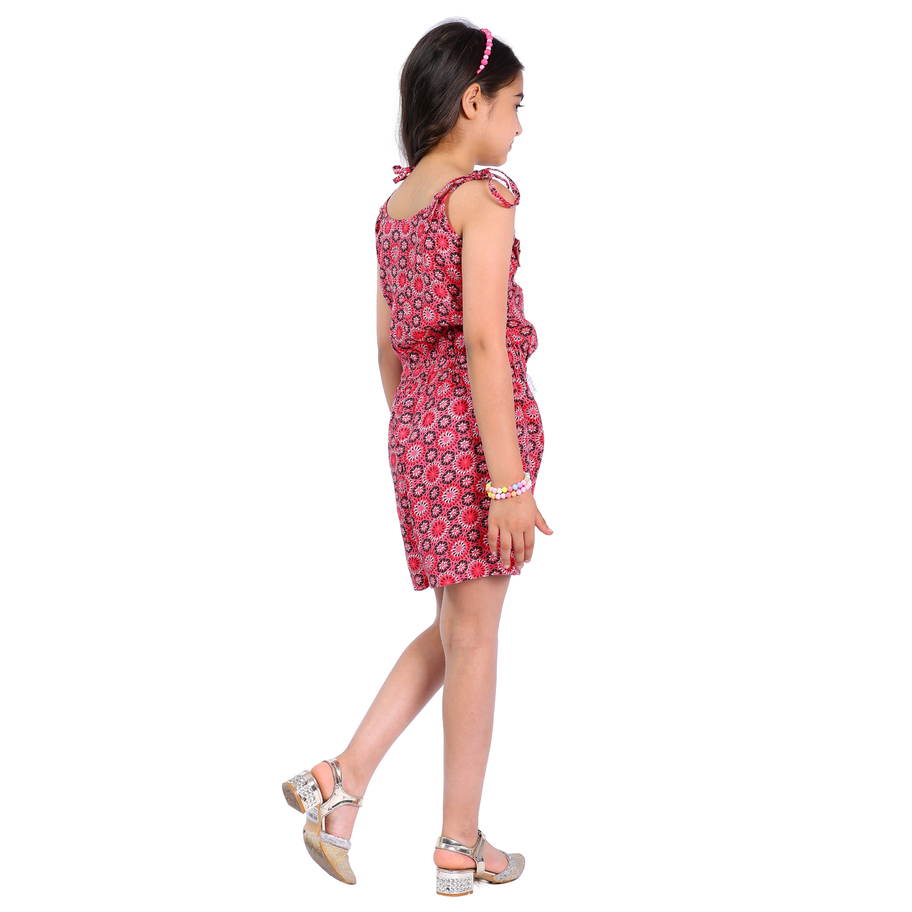 Girls Printed Floral Stylish Comfortable Short  Jumpsuit  Red