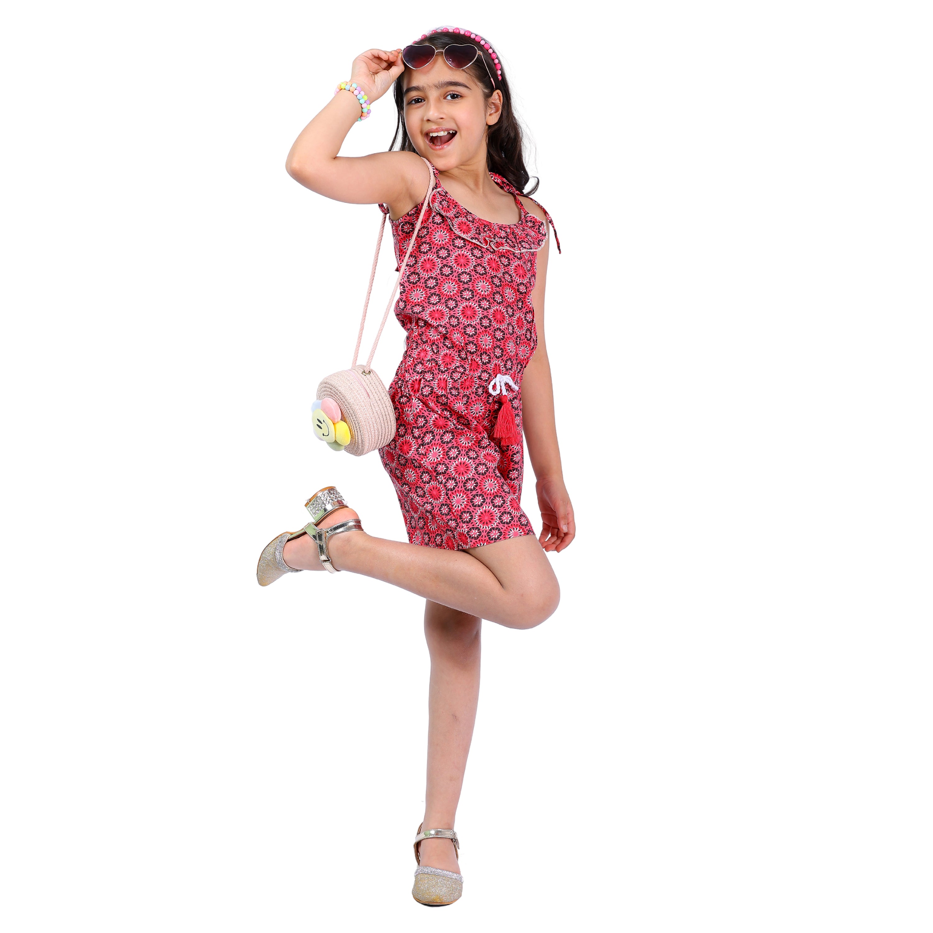 Girls Printed Floral Stylish Comfortable Short  Jumpsuit  Red