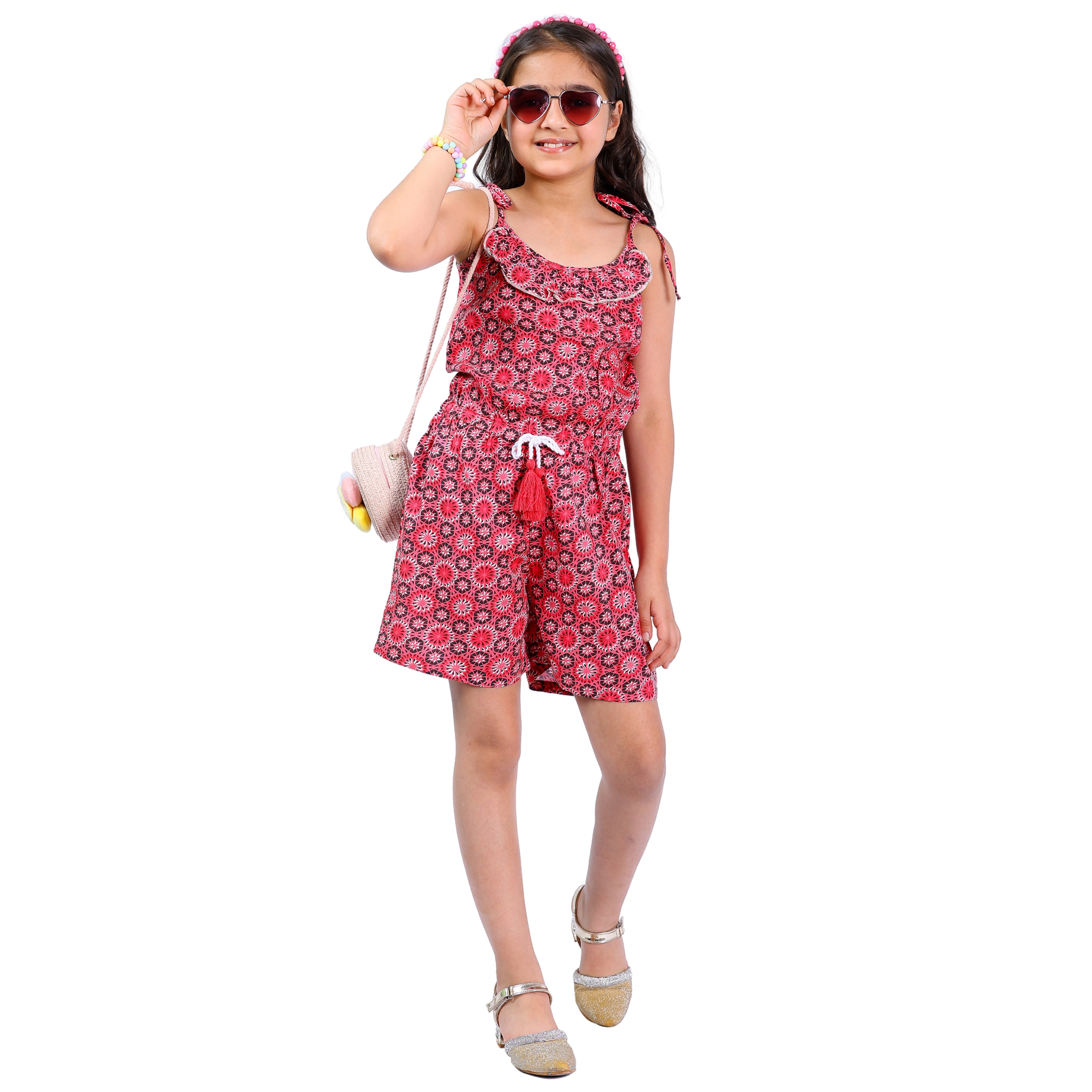 Girls Printed Floral Stylish Comfortable Short  Jumpsuit  Red