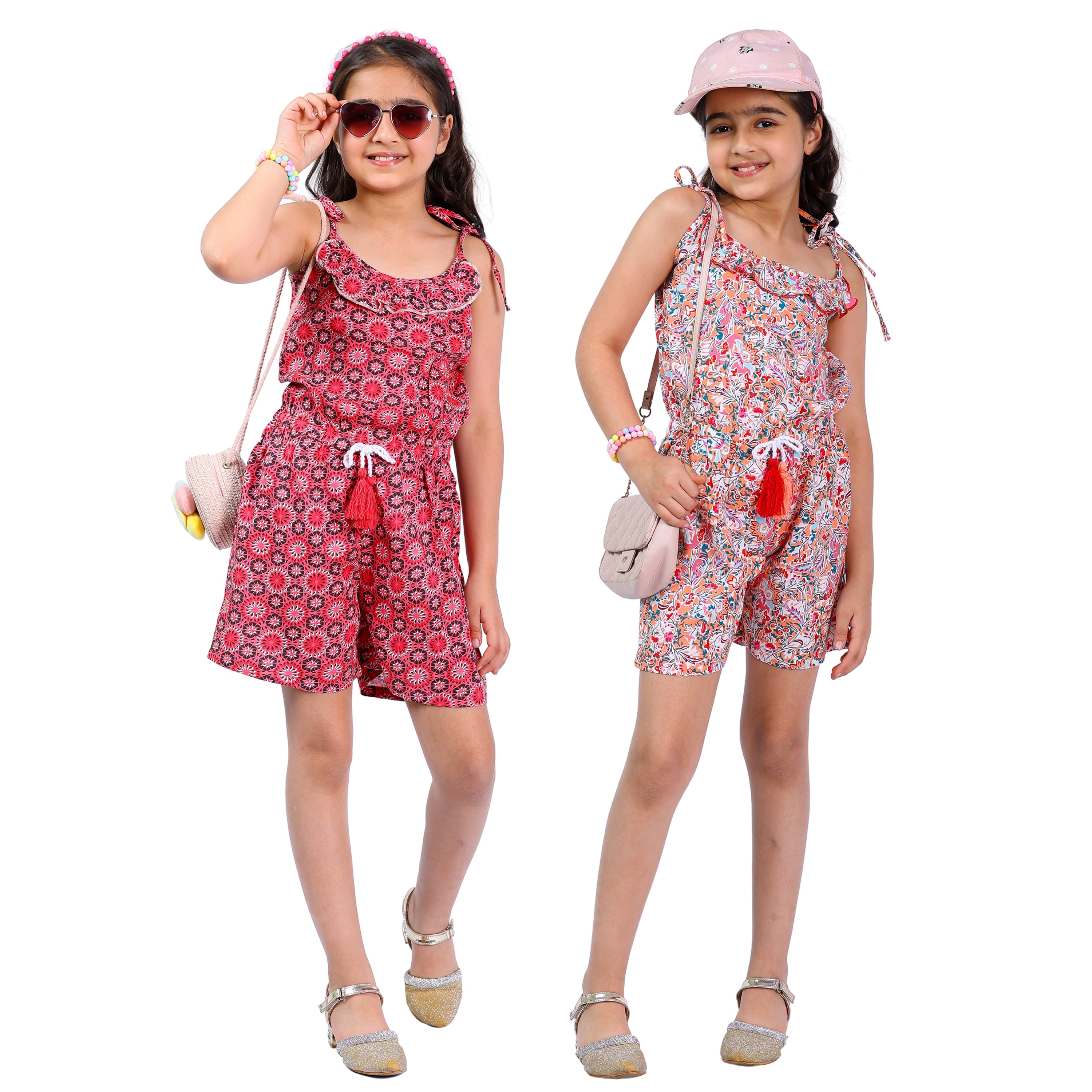 Set of 2 Girls Short Jumpsuits in Red & Multi Color with Tassel Dori (4–10 Yrs)