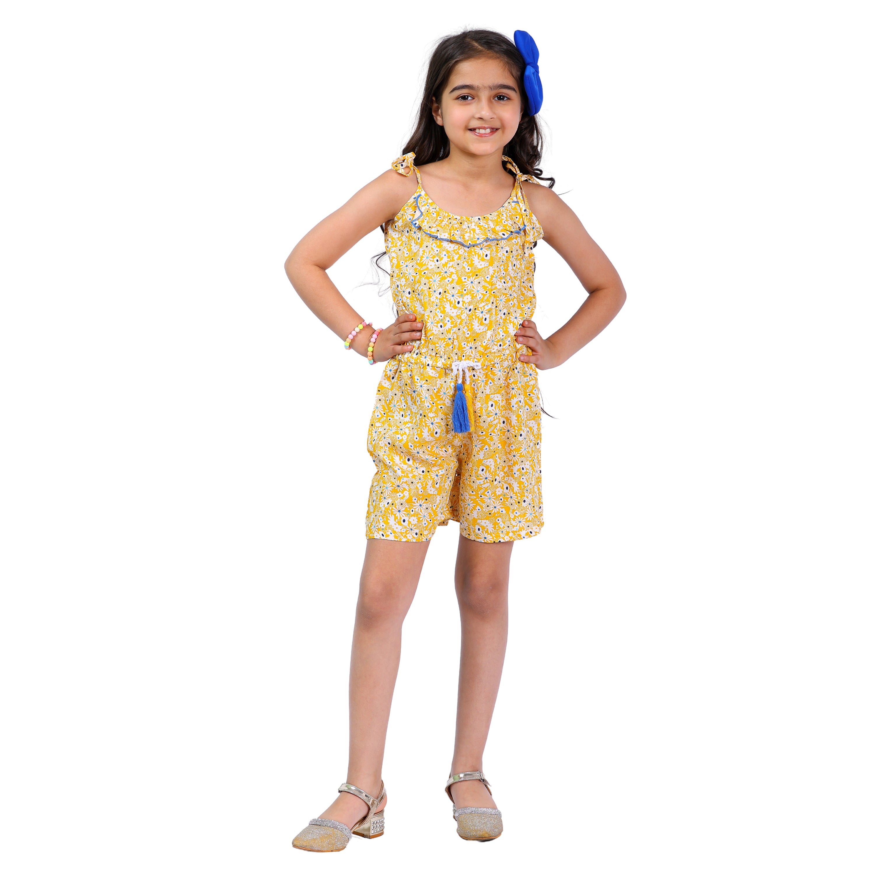 Girls Printed Floral Stylish Comfortable Short  Jumpsuit  YELLOW