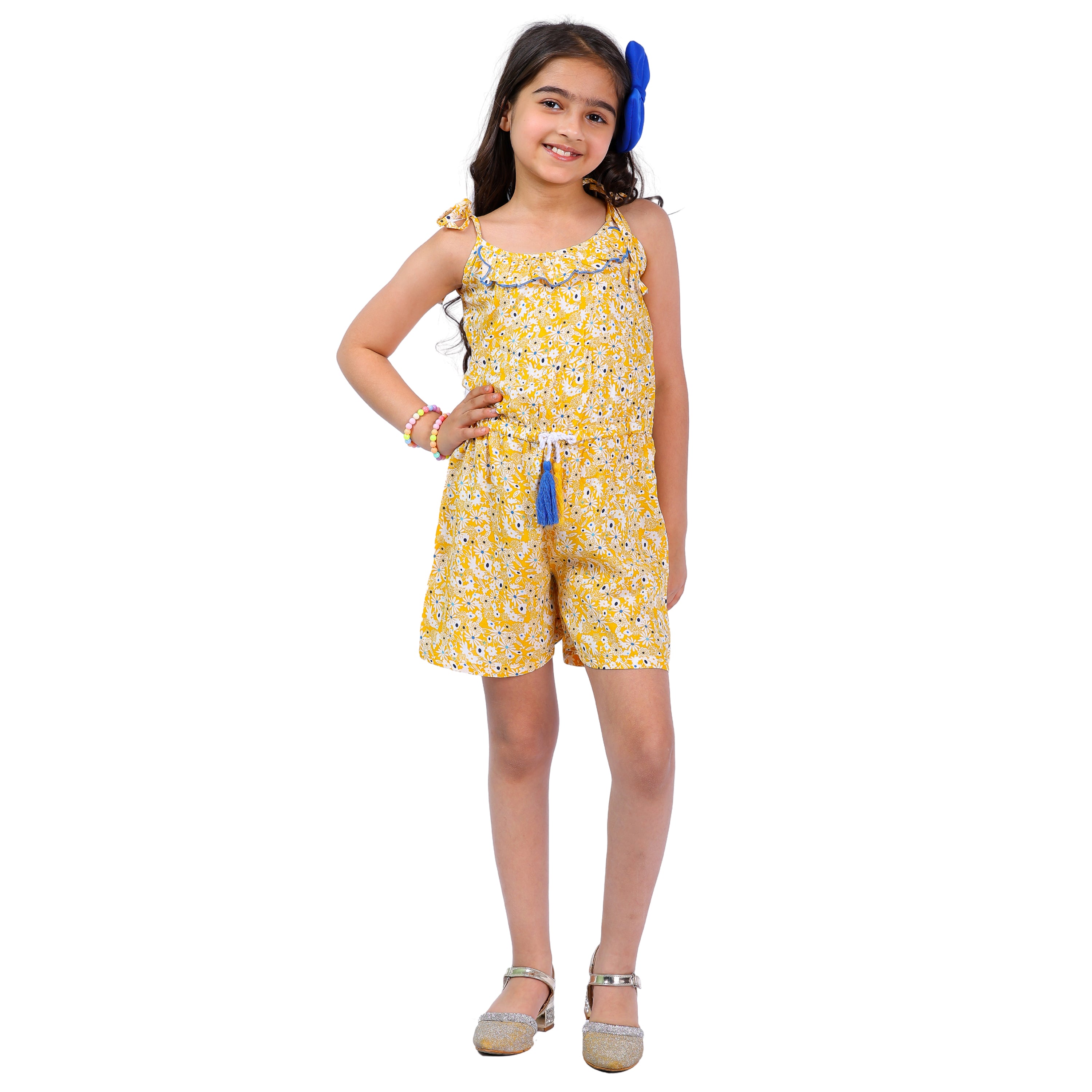 Girls Printed Floral Stylish Comfortable Short  Jumpsuit  YELLOW