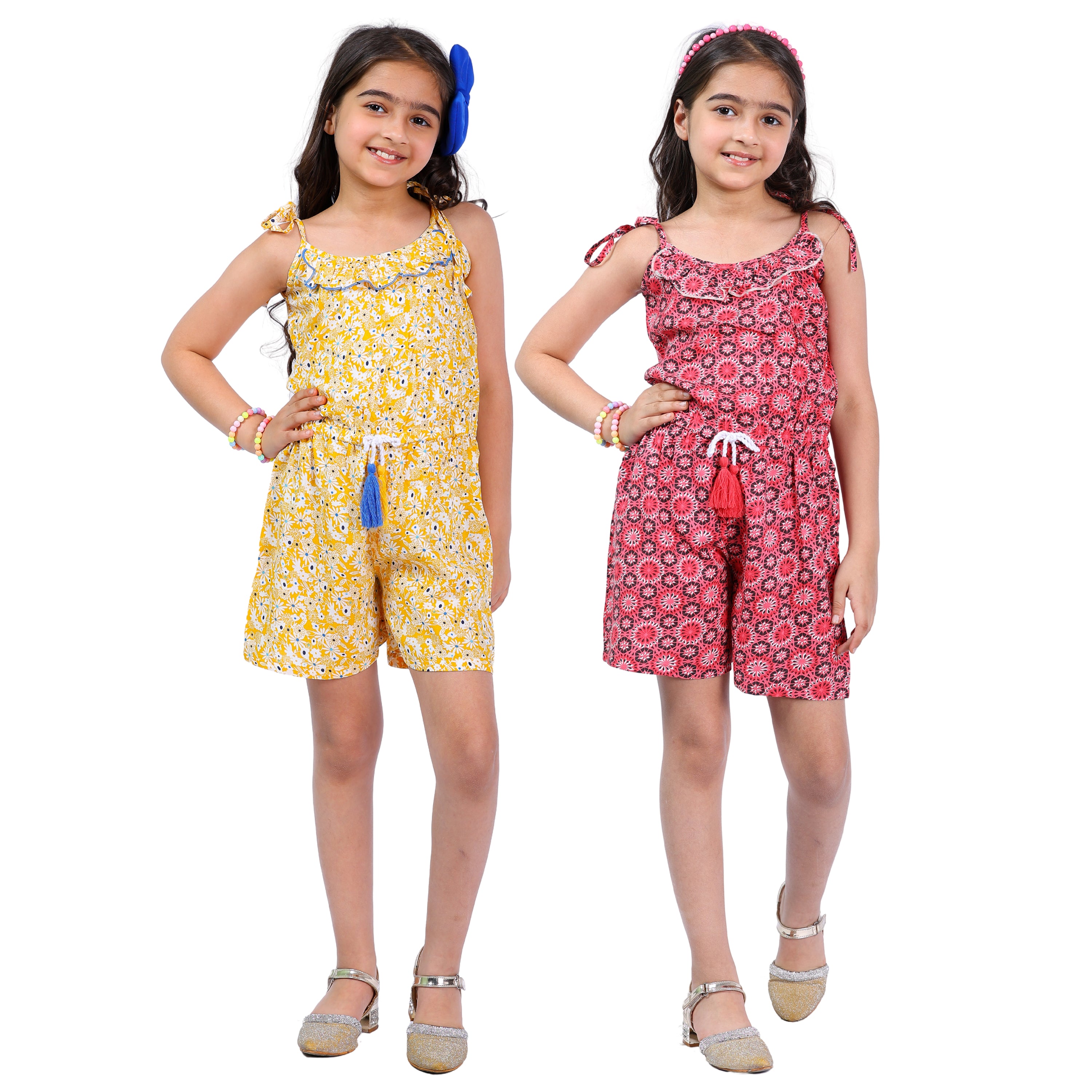 Girls Set of 2 Short Jumpsuits – Coral & Yellow with Tassel Dori (4–10 Yrs)