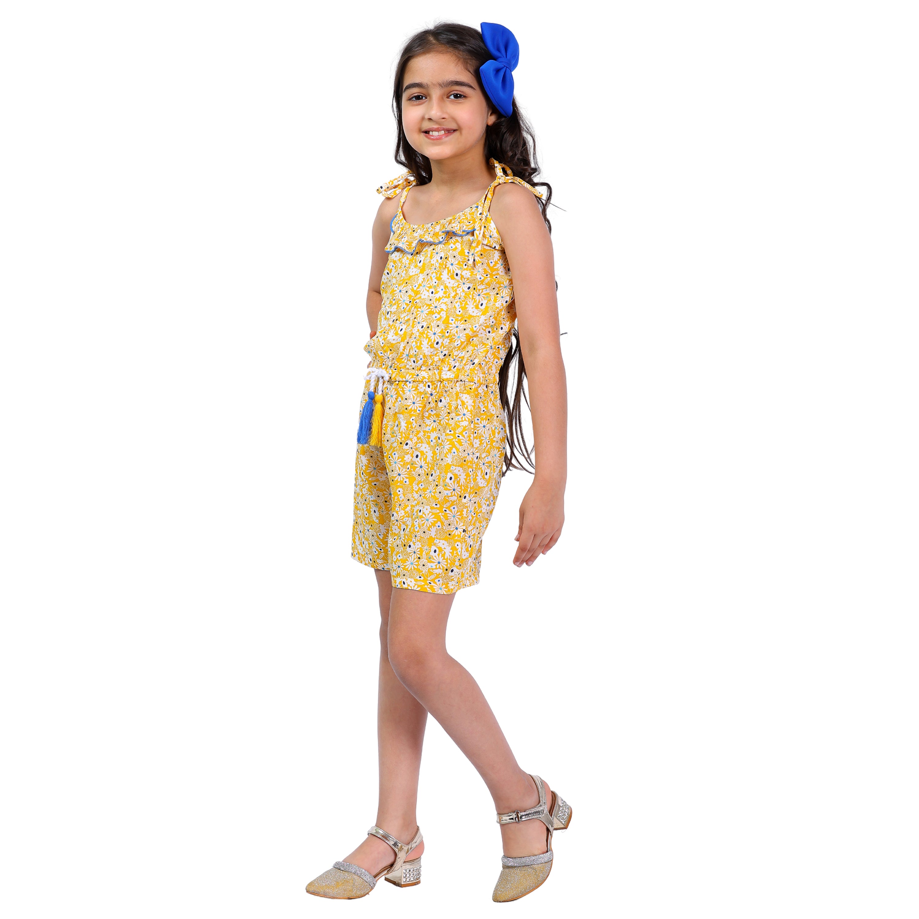 Girls Printed Floral Stylish Comfortable Short  Jumpsuit  YELLOW