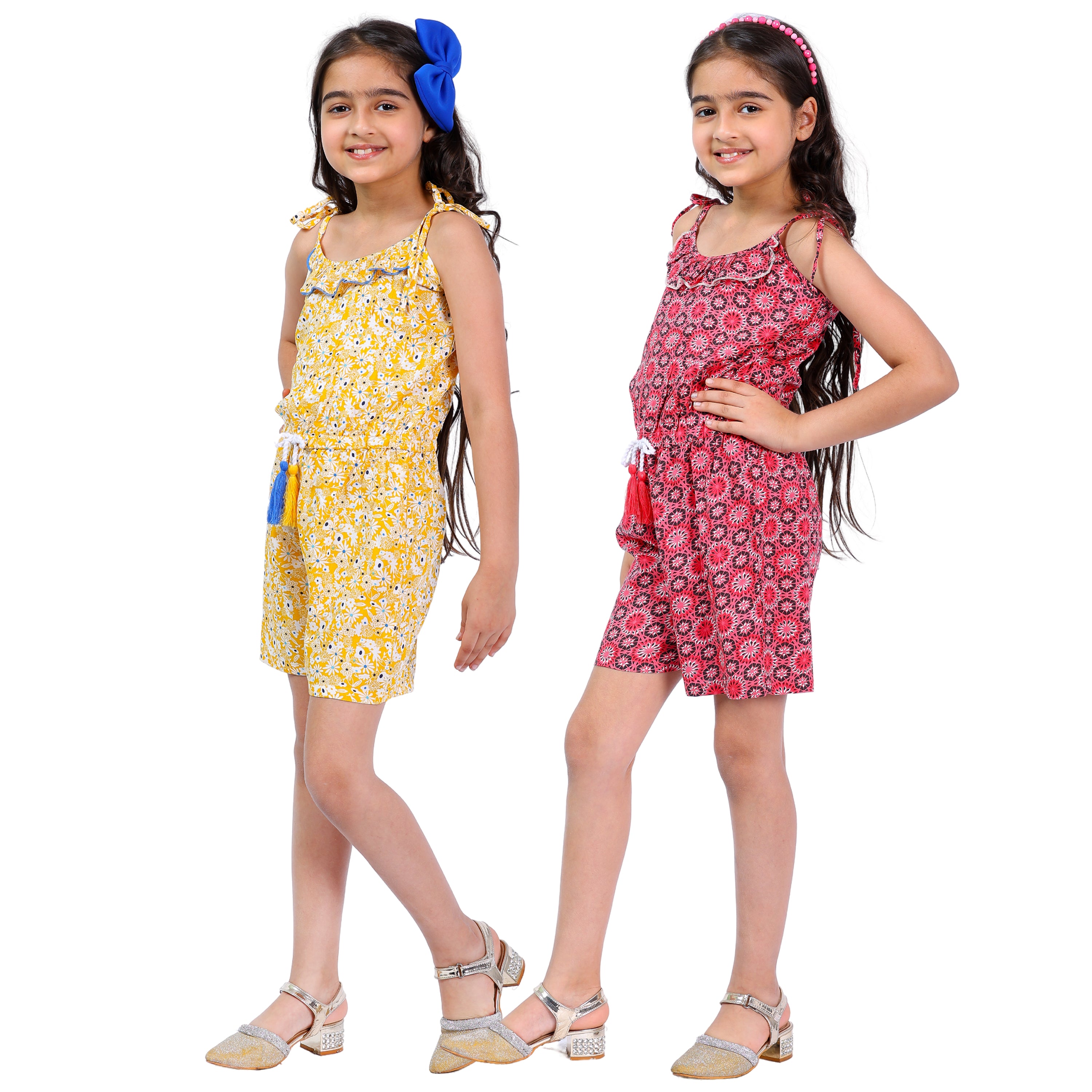 Girls Set of 2 Short Jumpsuits – Coral & Yellow with Tassel Dori (4–10 Yrs)