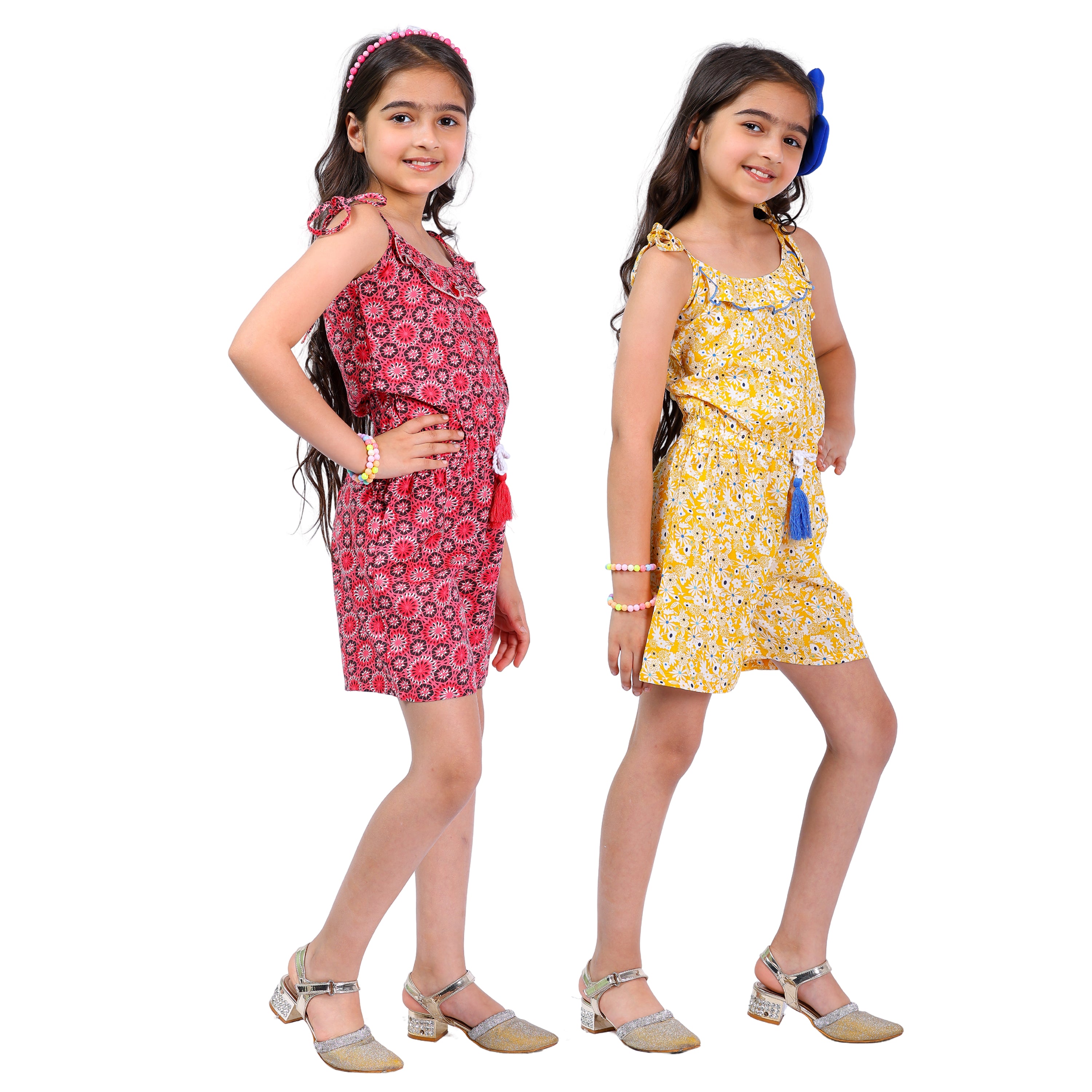 Girls Set of 2 Short Jumpsuits – Coral & Yellow with Tassel Dori (4–10 Yrs)