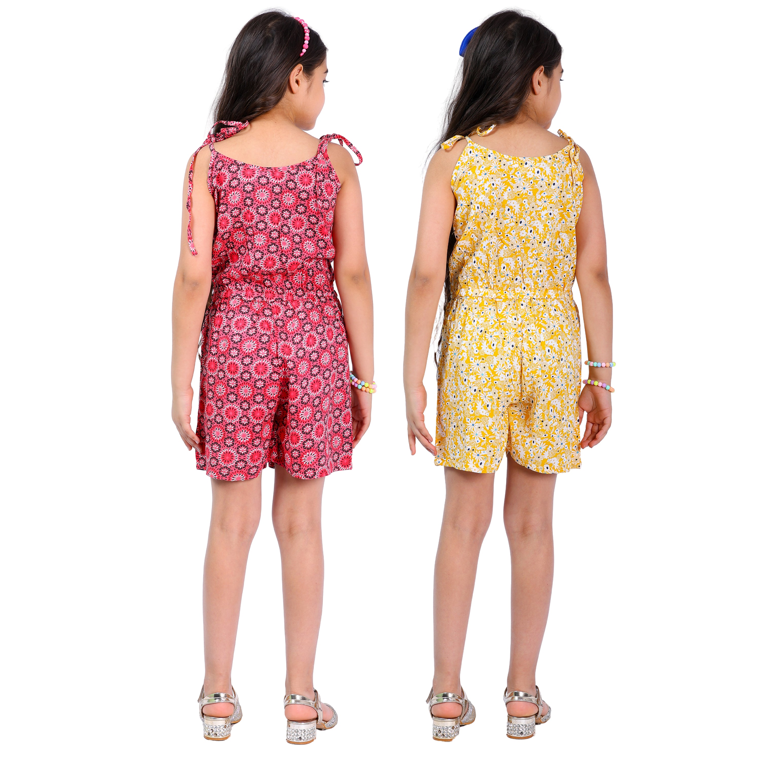 Girls Set of 2 Short Jumpsuits – Coral & Yellow with Tassel Dori (4–10 Yrs)