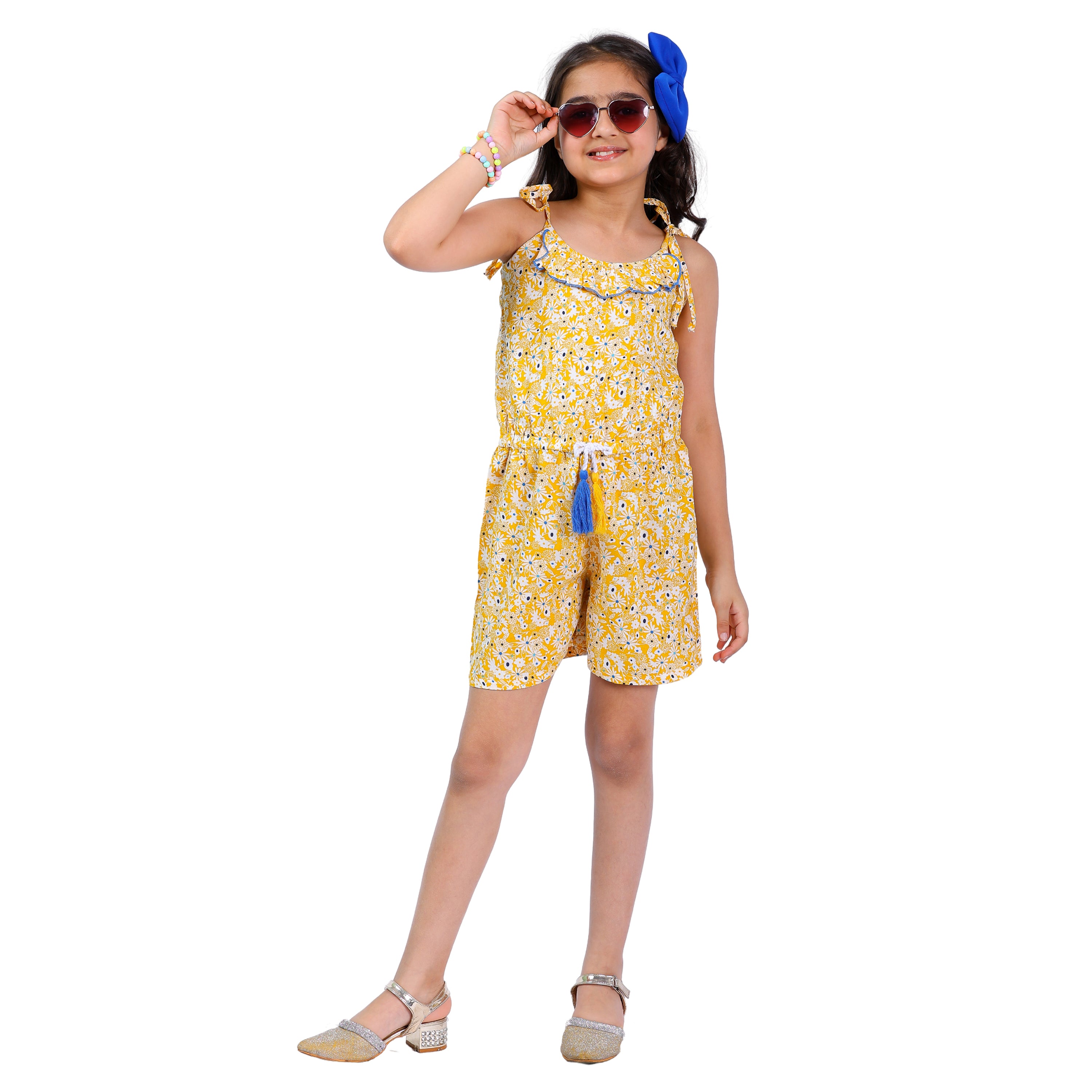 Girls Printed Floral Stylish Comfortable Short  Jumpsuit  YELLOW