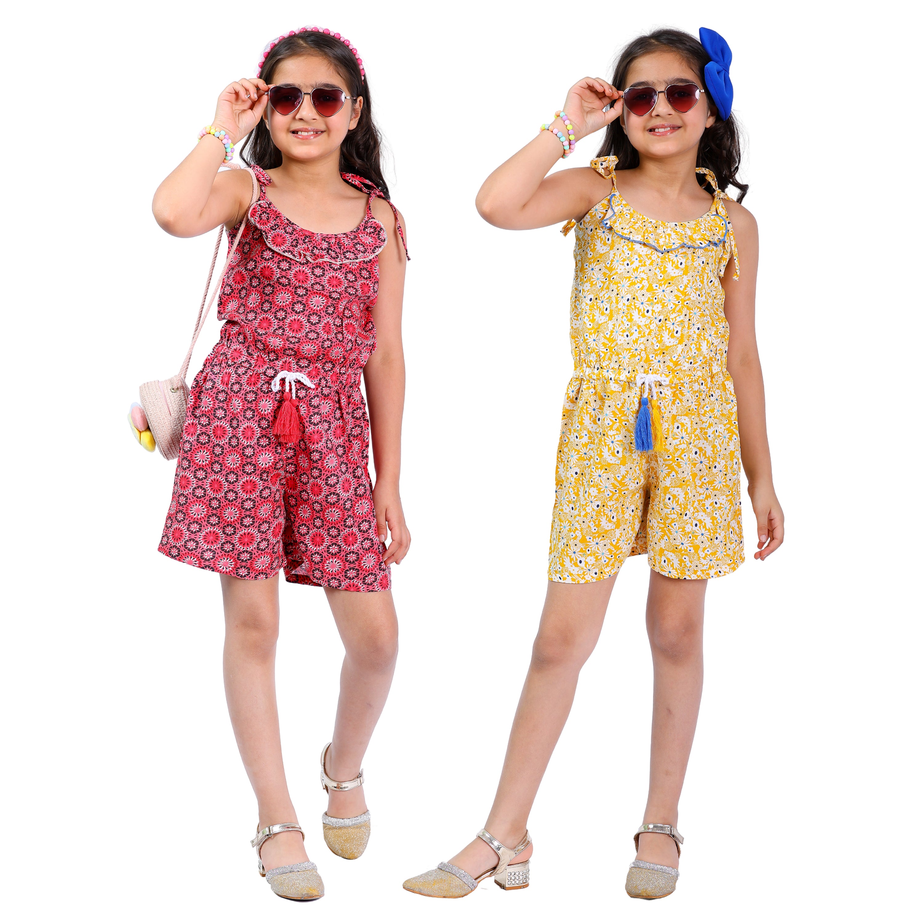 Girls Set of 2 Short Jumpsuits – Coral & Yellow with Tassel Dori (4–10 Yrs)