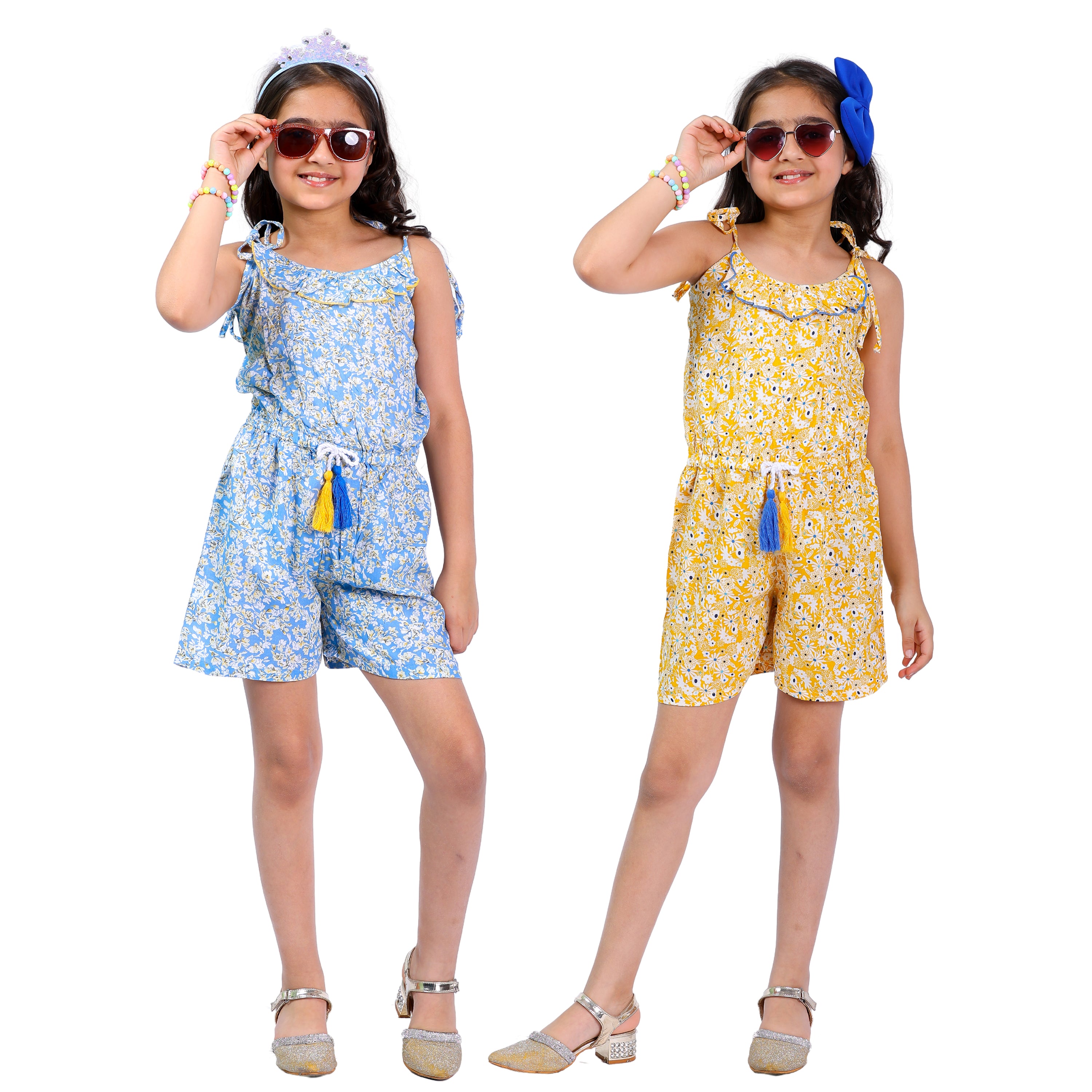 Set of 2 Short Jumpsuits – Blue & Yellow Floral with Tassel Dori (4–10 Yrs)